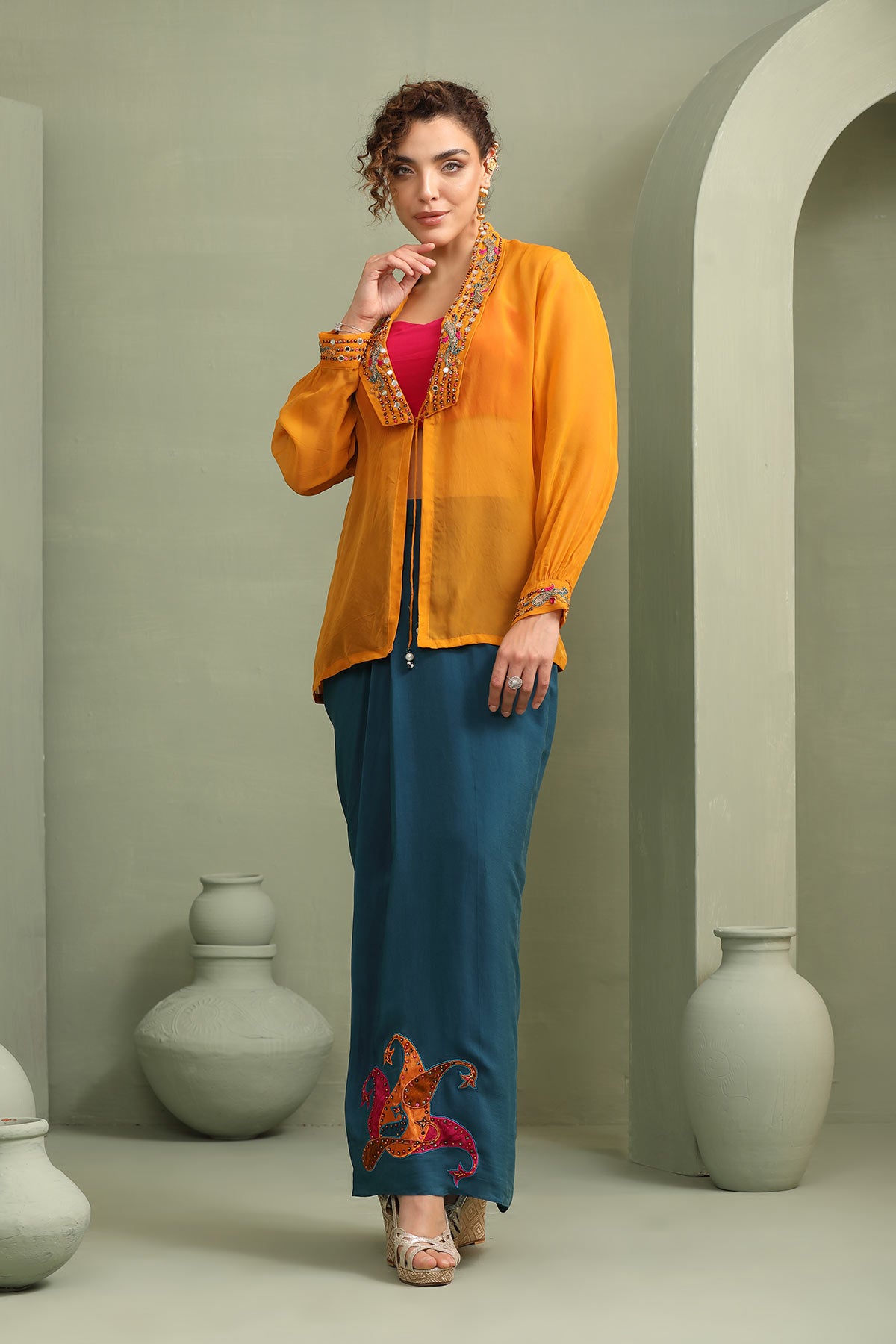 Colour-block mustard paisley jacket,pink crop-top & teal drape skirt set