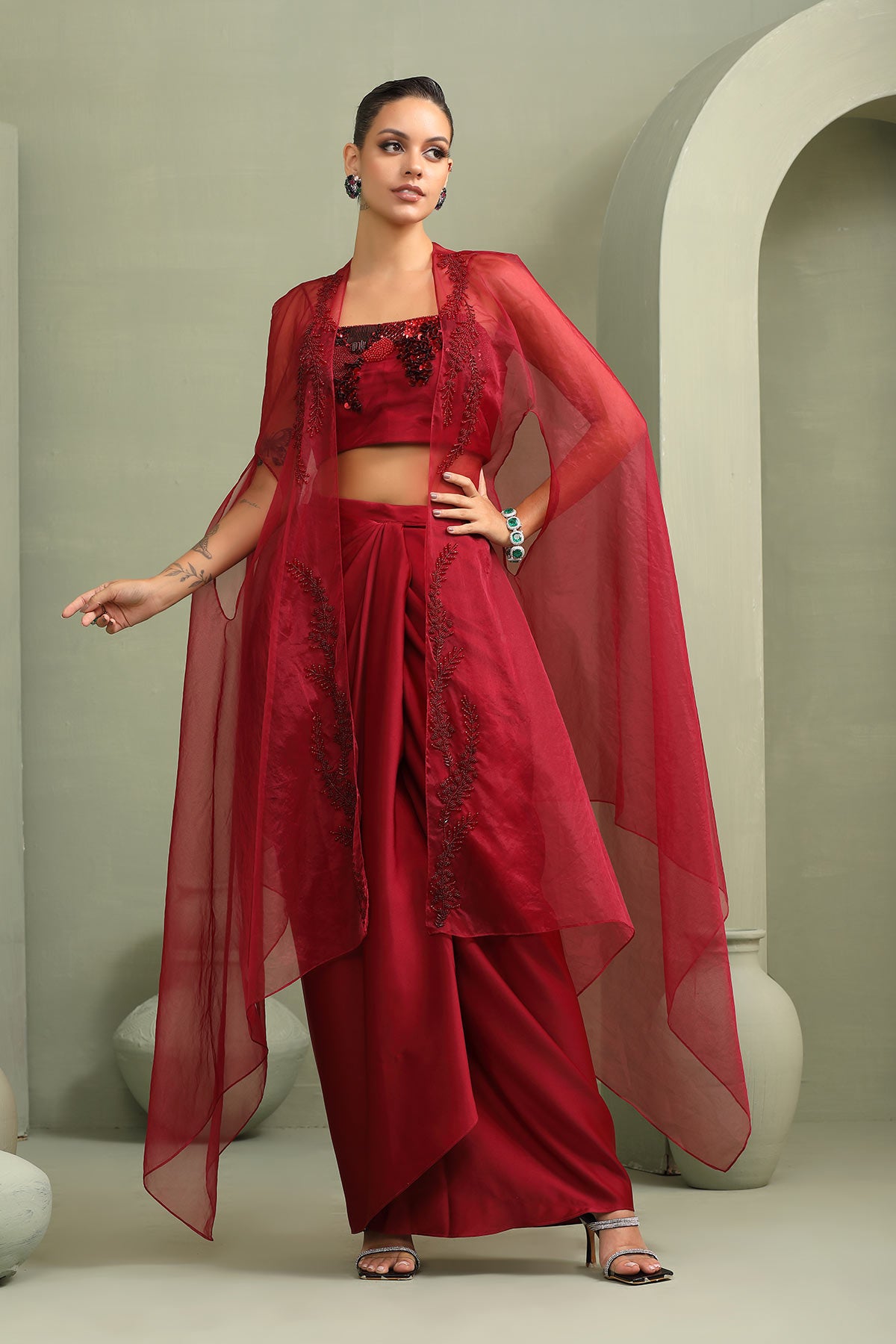 Bloddy mary drape-skirt,cape & abstract embroidered crop-top set