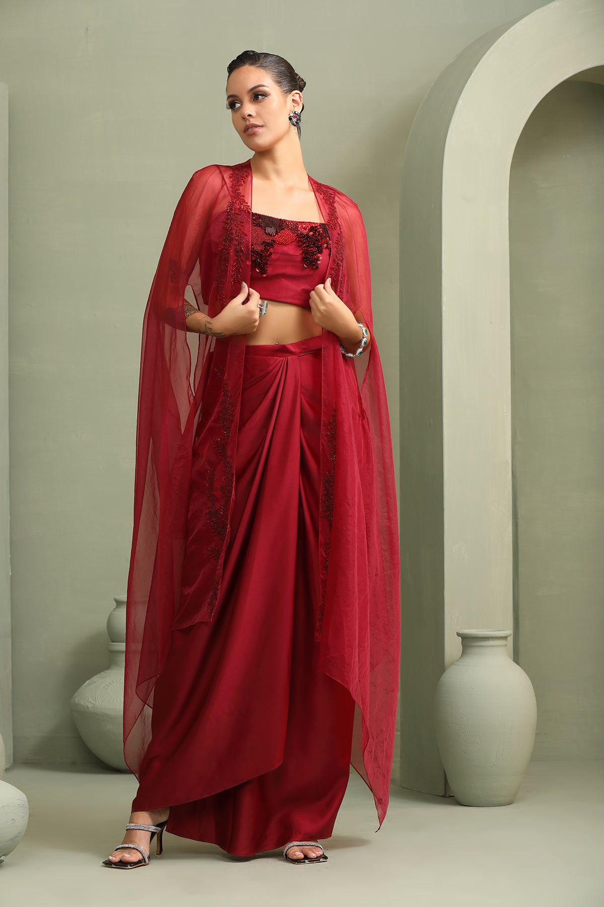 Bloddy mary drape-skirt,cape & abstract embroidered crop-top set