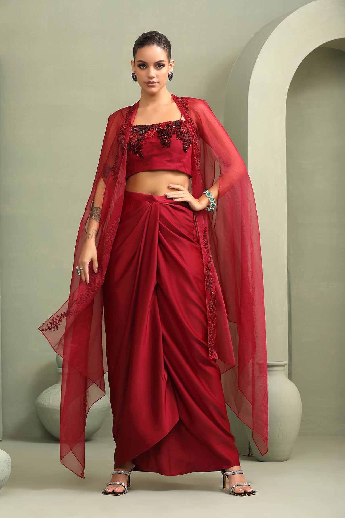 Bloddy mary drape-skirt,cape & abstract embroidered crop-top set