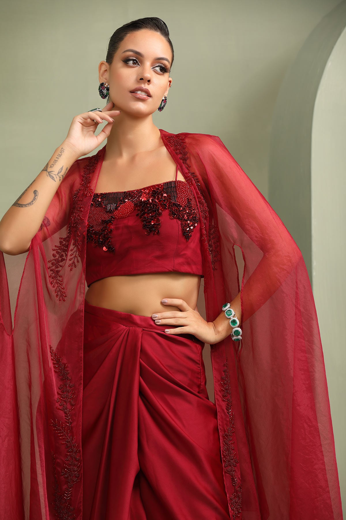 Bloddy mary drape-skirt,cape & abstract embroidered crop-top set