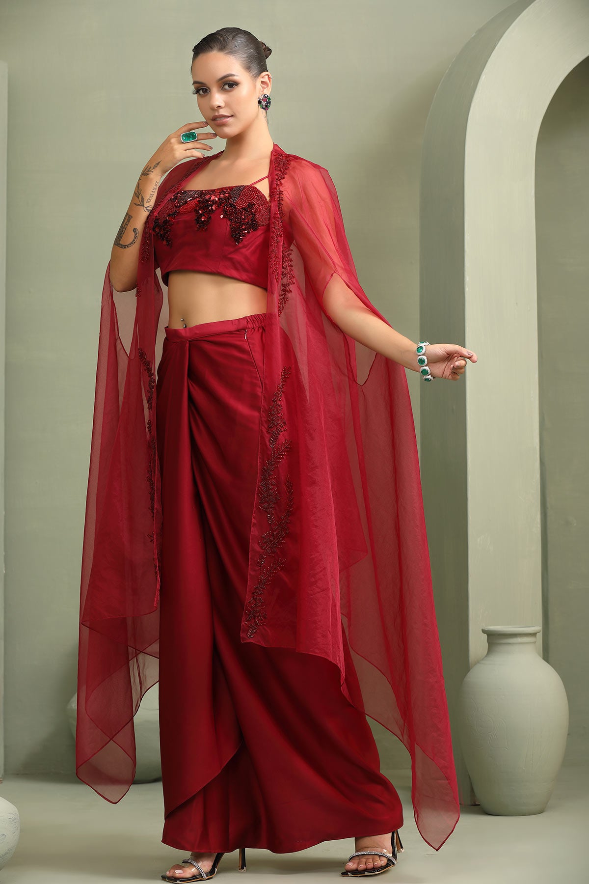 Bloddy mary drape-skirt,cape & abstract embroidered crop-top set