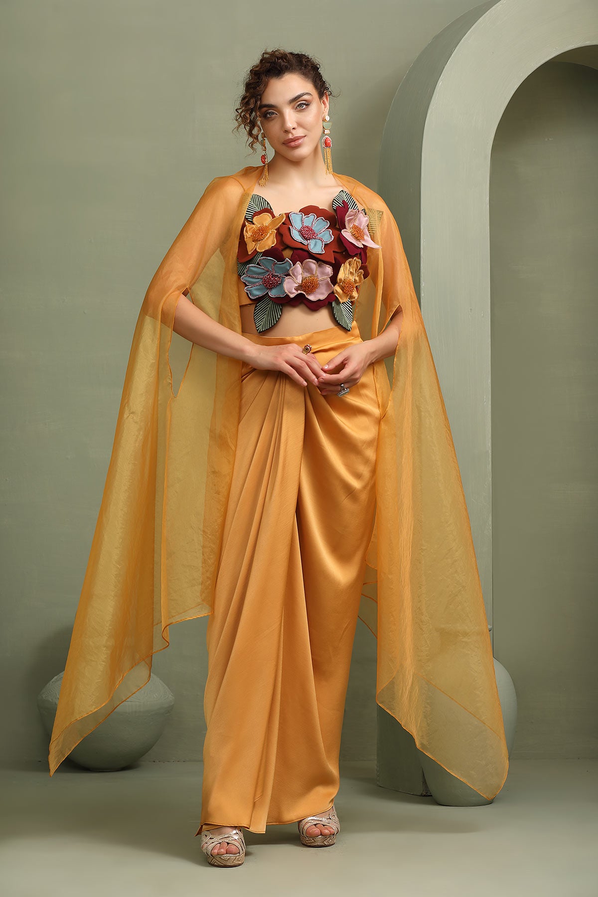 Mustard draped skirt-cape & 3d hand-made color block flower set
