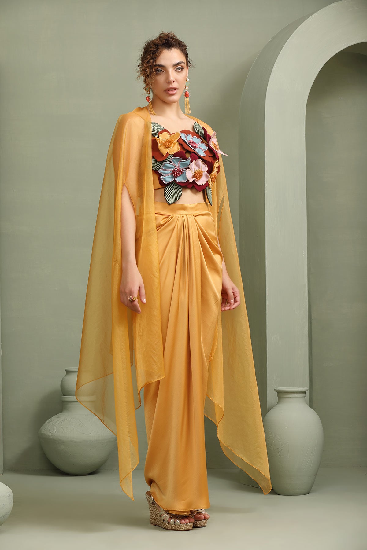 Mustard draped skirt-cape & 3d hand-made color block flower set