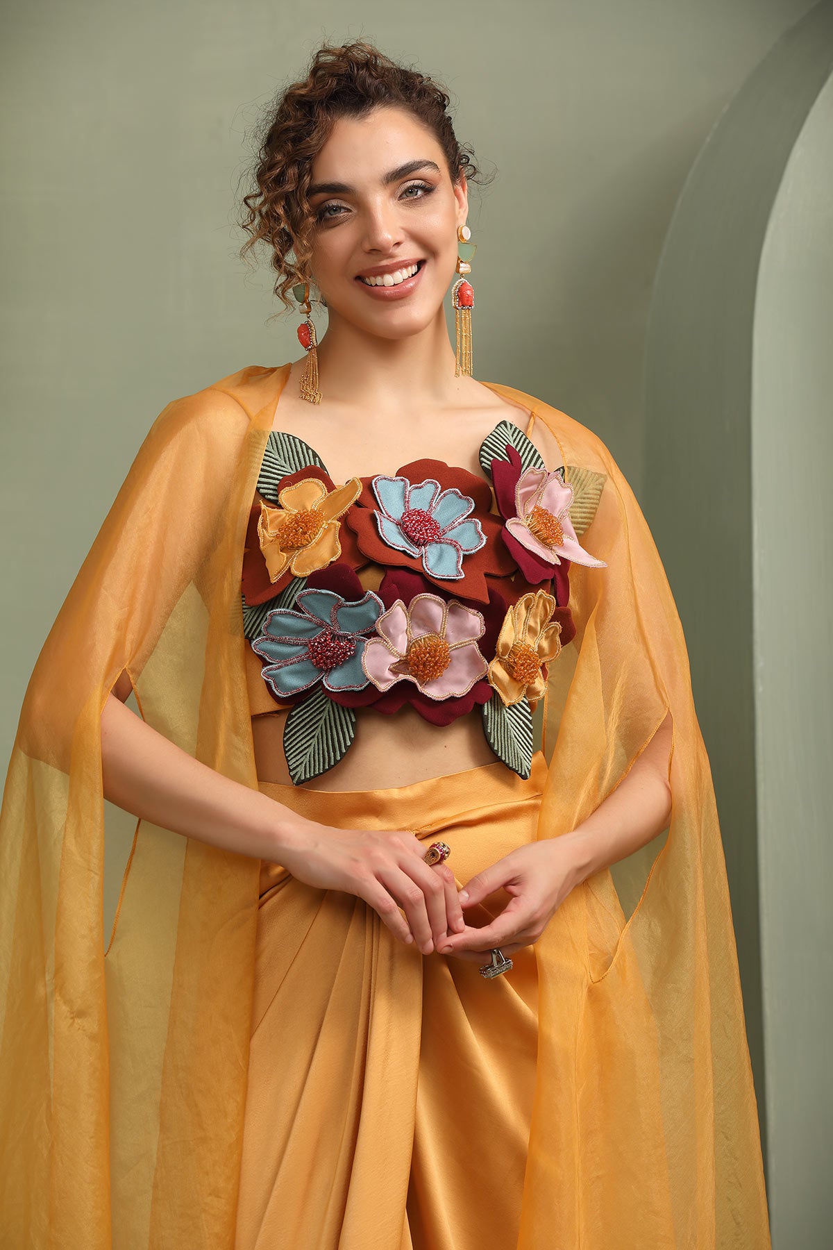 Mustard draped skirt-cape & 3d hand-made color block flower set