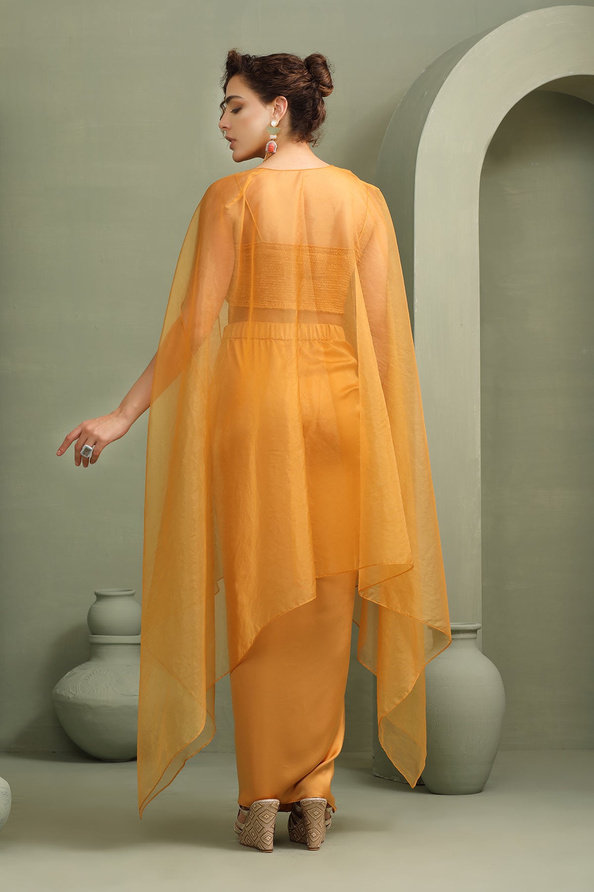 Mustard draped skirt-cape & 3d hand-made color block flower set