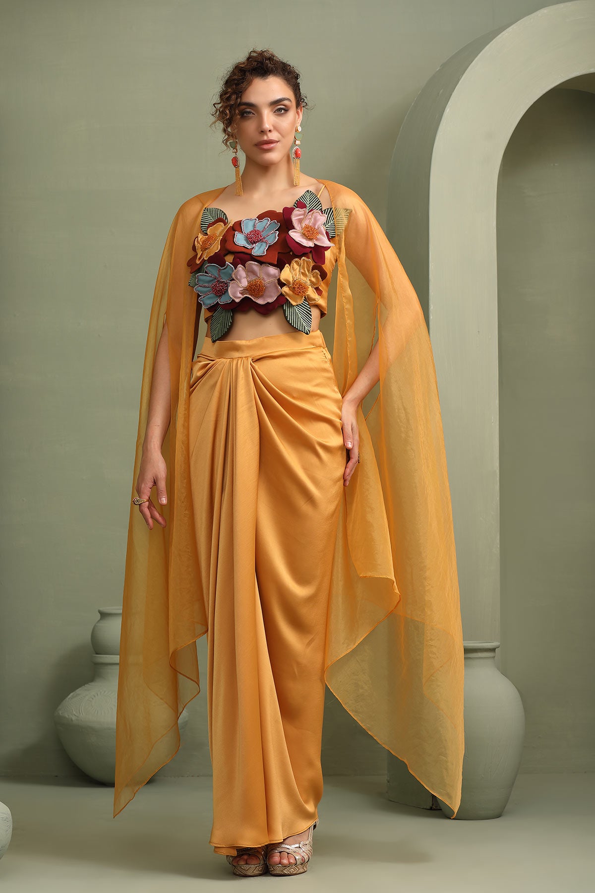 Mustard draped skirt-cape & 3d hand-made color block flower set