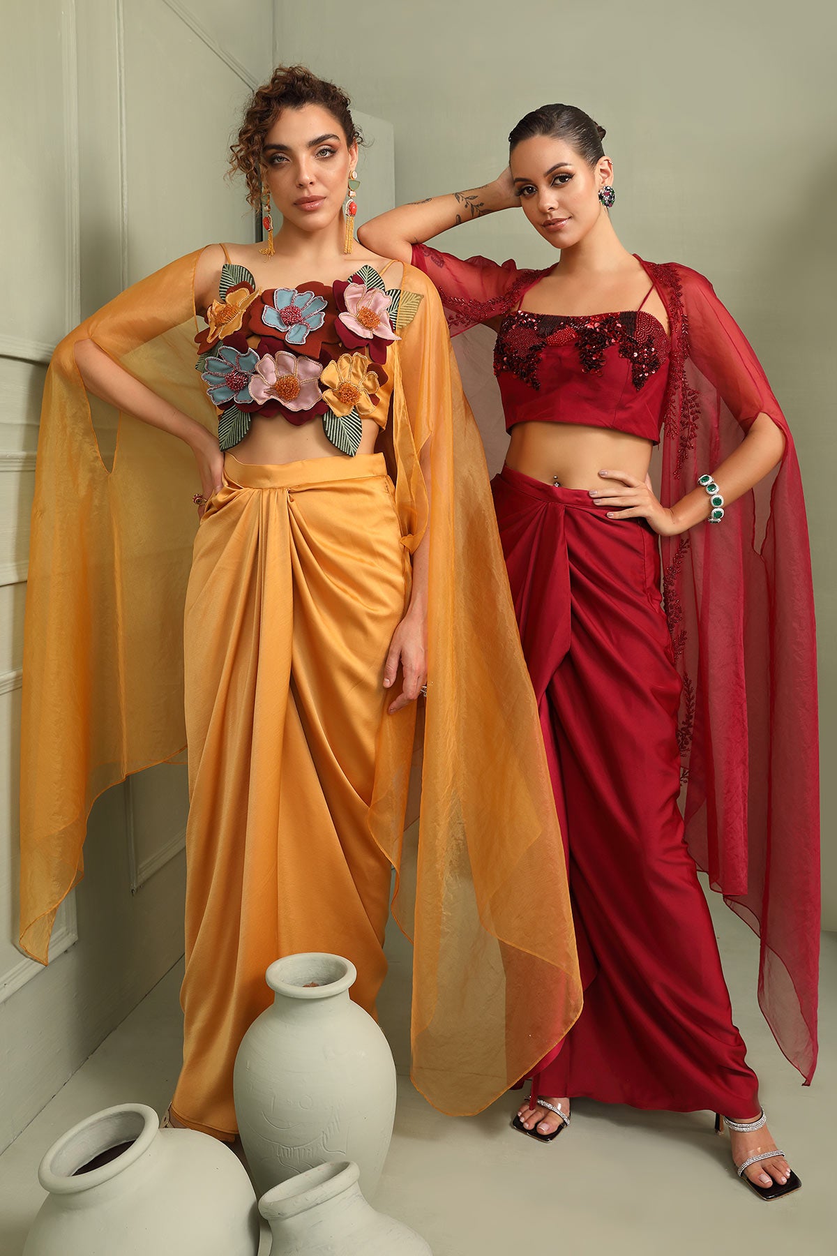 Bloddy mary drape-skirt,cape & abstract embroidered crop-top set