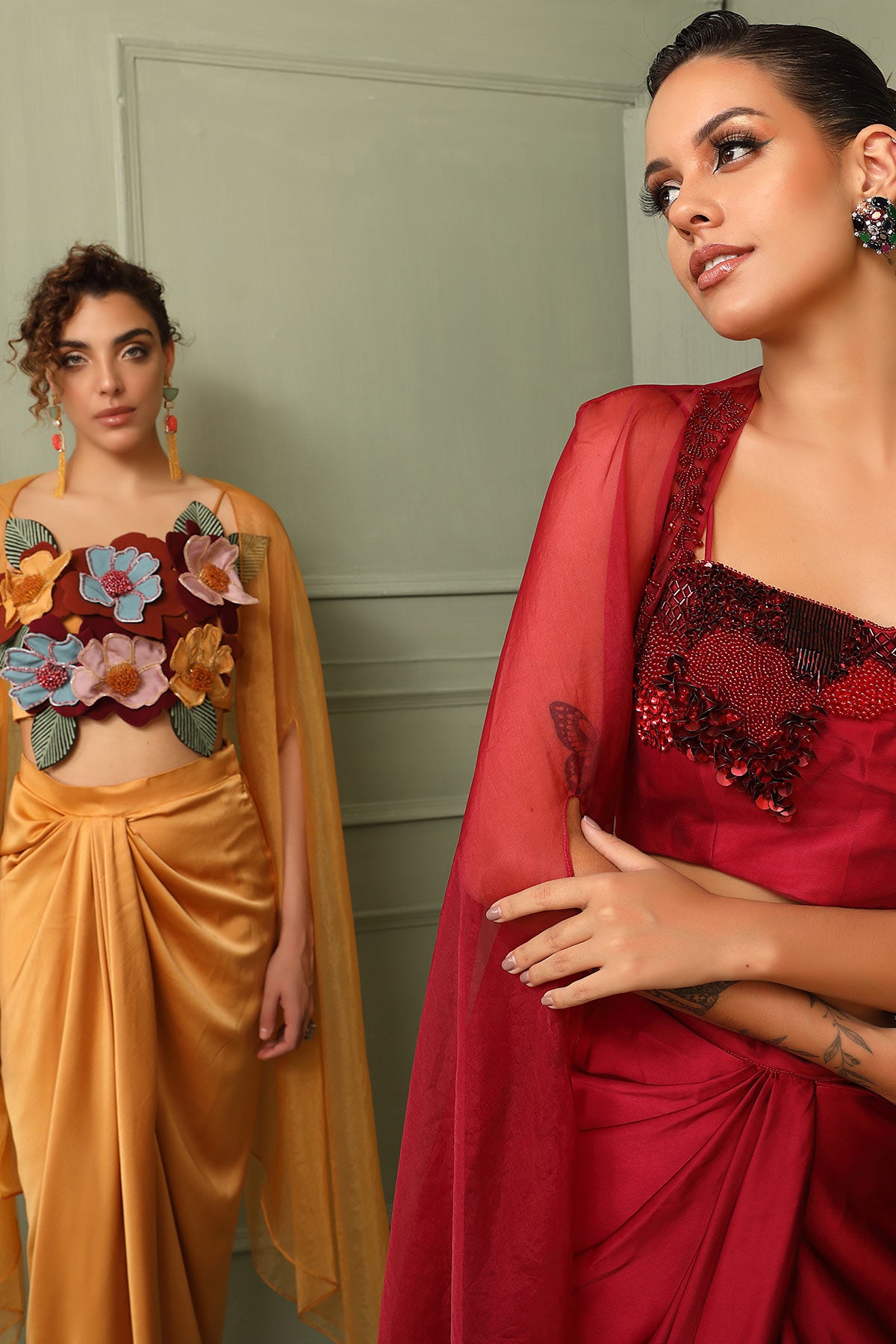 Bloddy mary drape-skirt,cape & abstract embroidered crop-top set