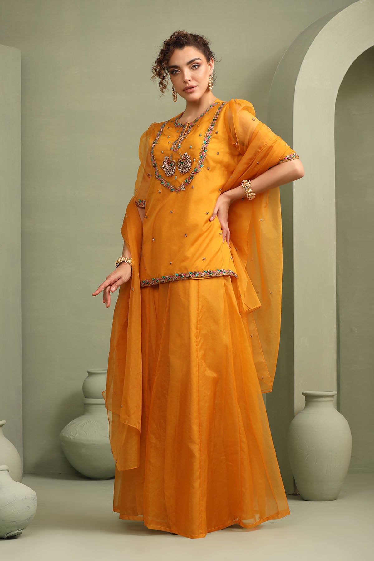 mustard peacock kurti- flared palazzo & dupatta indo-fusion set