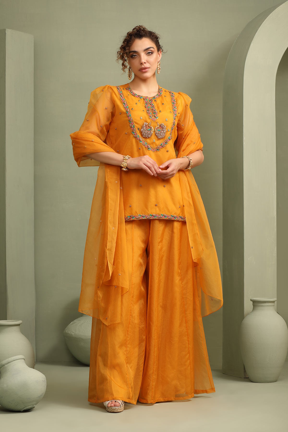 mustard peacock kurti- flared palazzo & dupatta indo-fusion set
