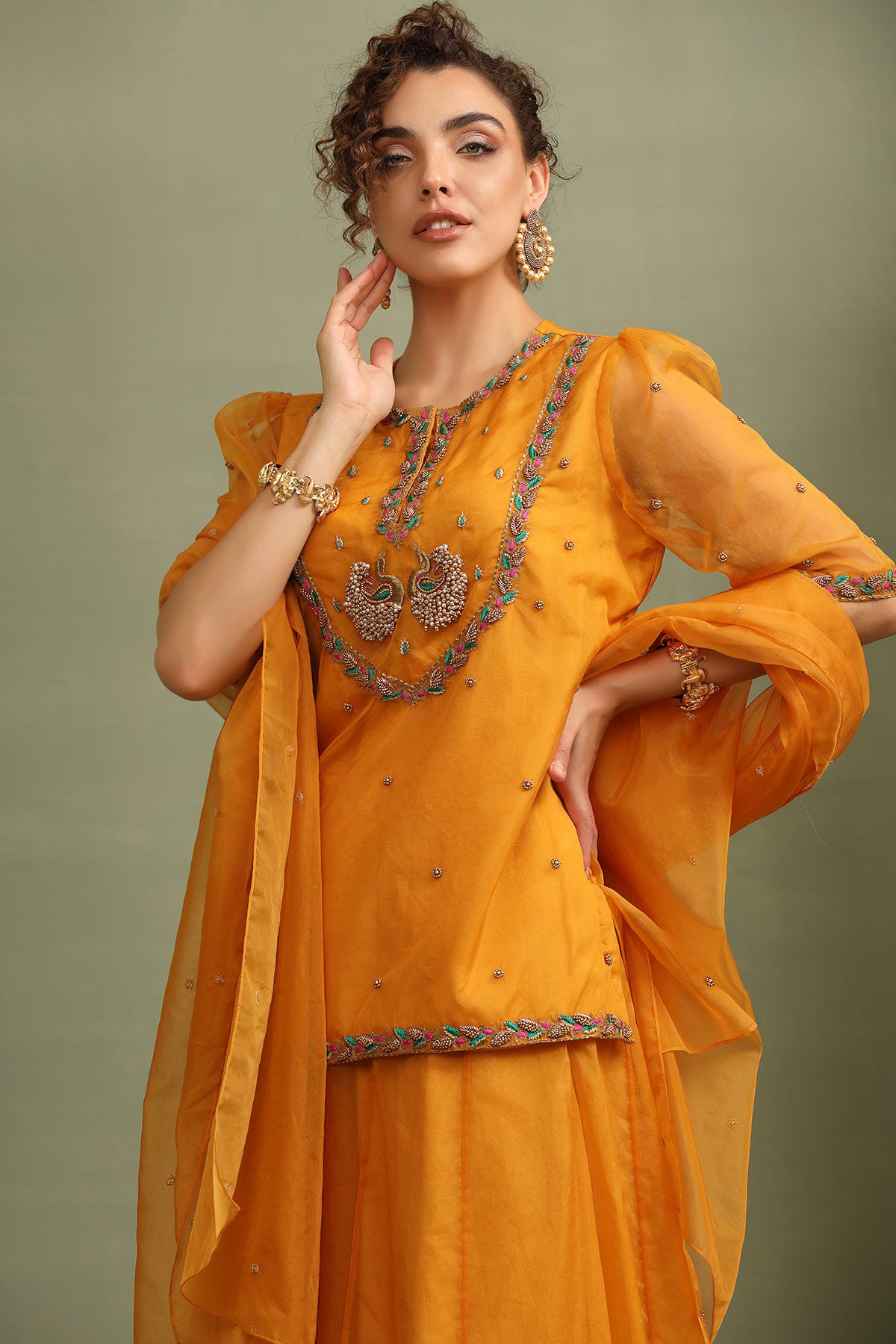 mustard peacock kurti- flared palazzo & dupatta indo-fusion set