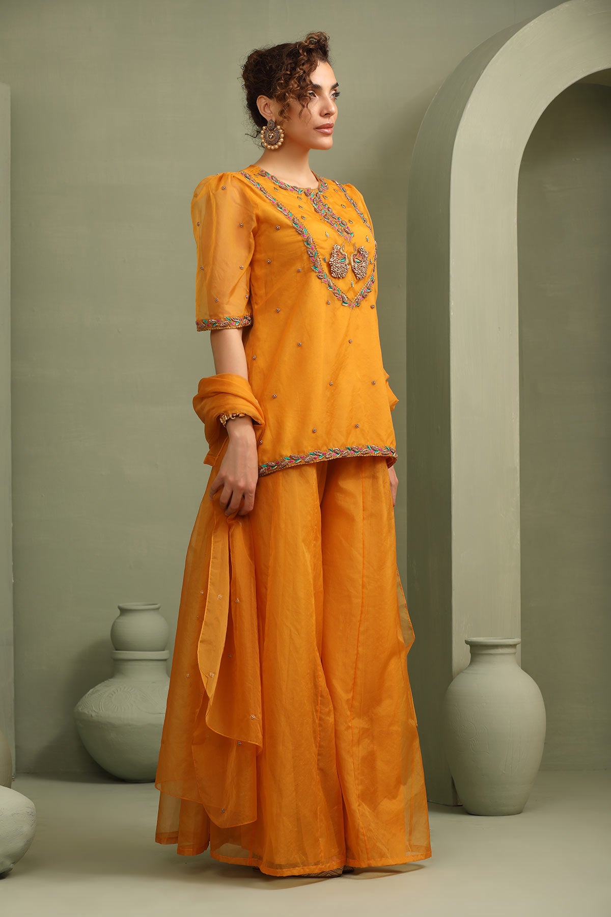 mustard peacock kurti- flared palazzo & dupatta indo-fusion set