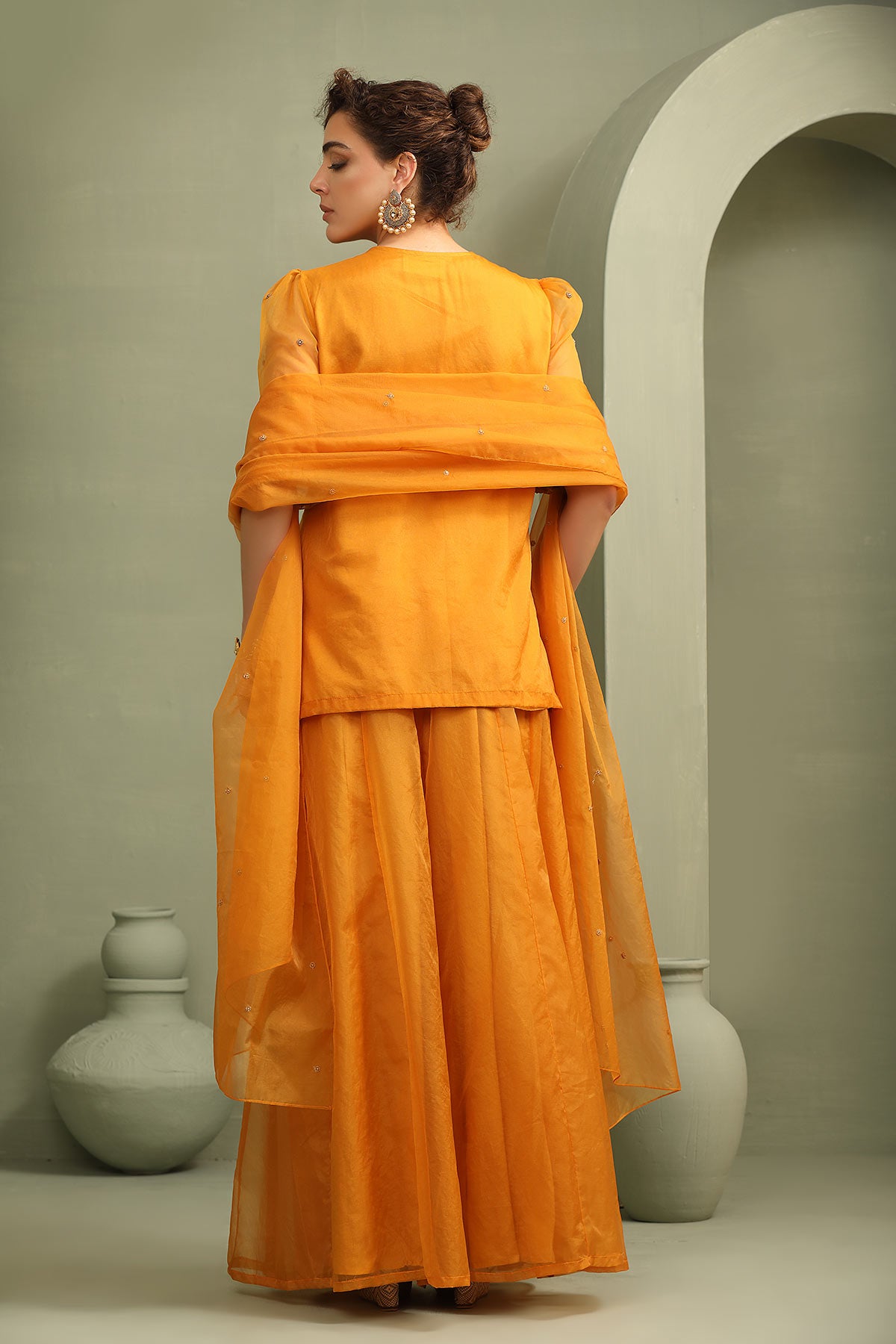 mustard peacock kurti- flared palazzo & dupatta indo-fusion set