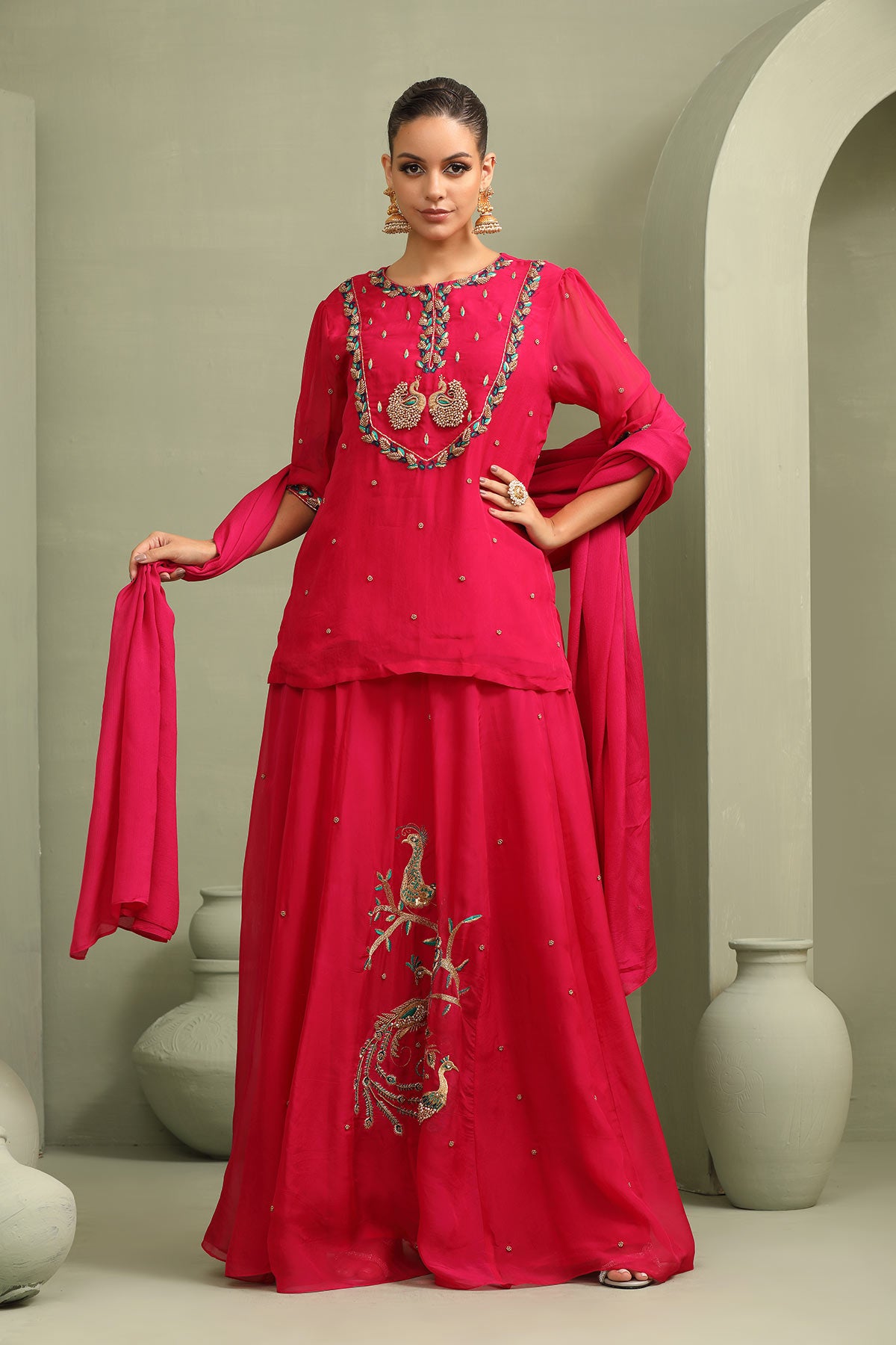 Rani pink peacock embroidered lehenga-short kurti & dupatta set