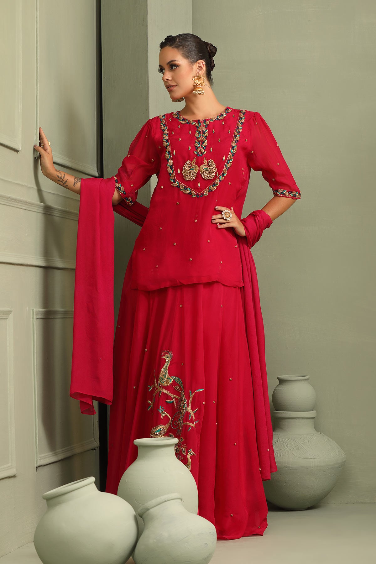 Rani pink peacock embroidered lehenga-short kurti & dupatta set