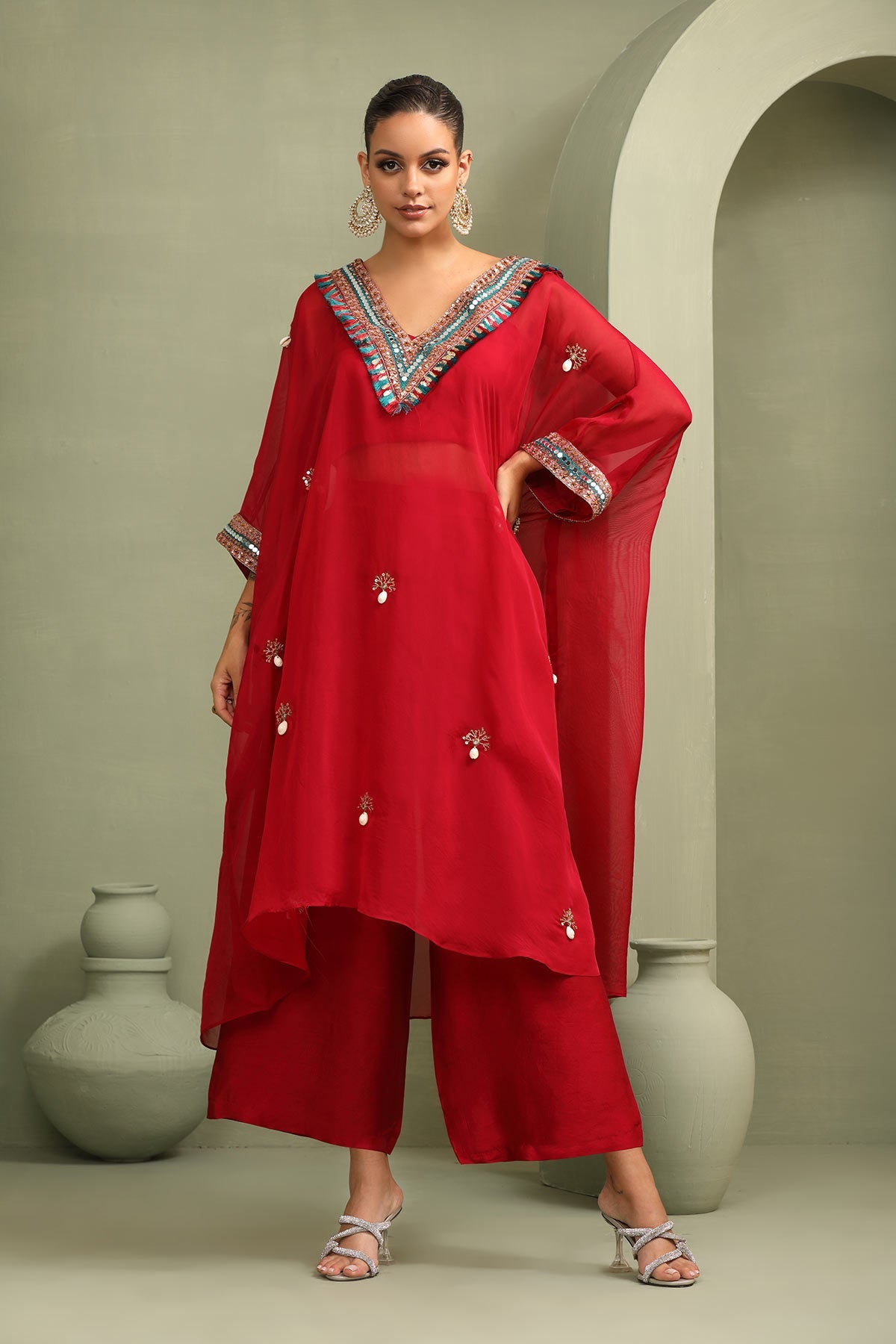 Red festive oversized kaftan-crop top, trouser set