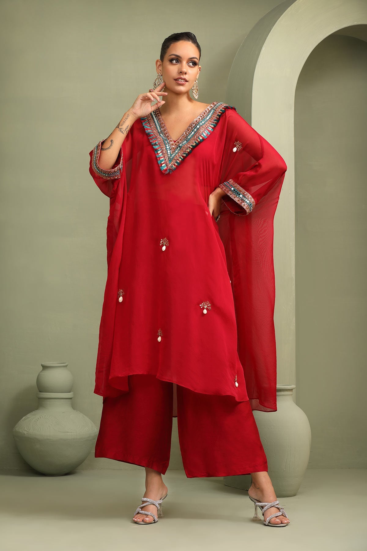 Red festive oversized kaftan-crop top, trouser set