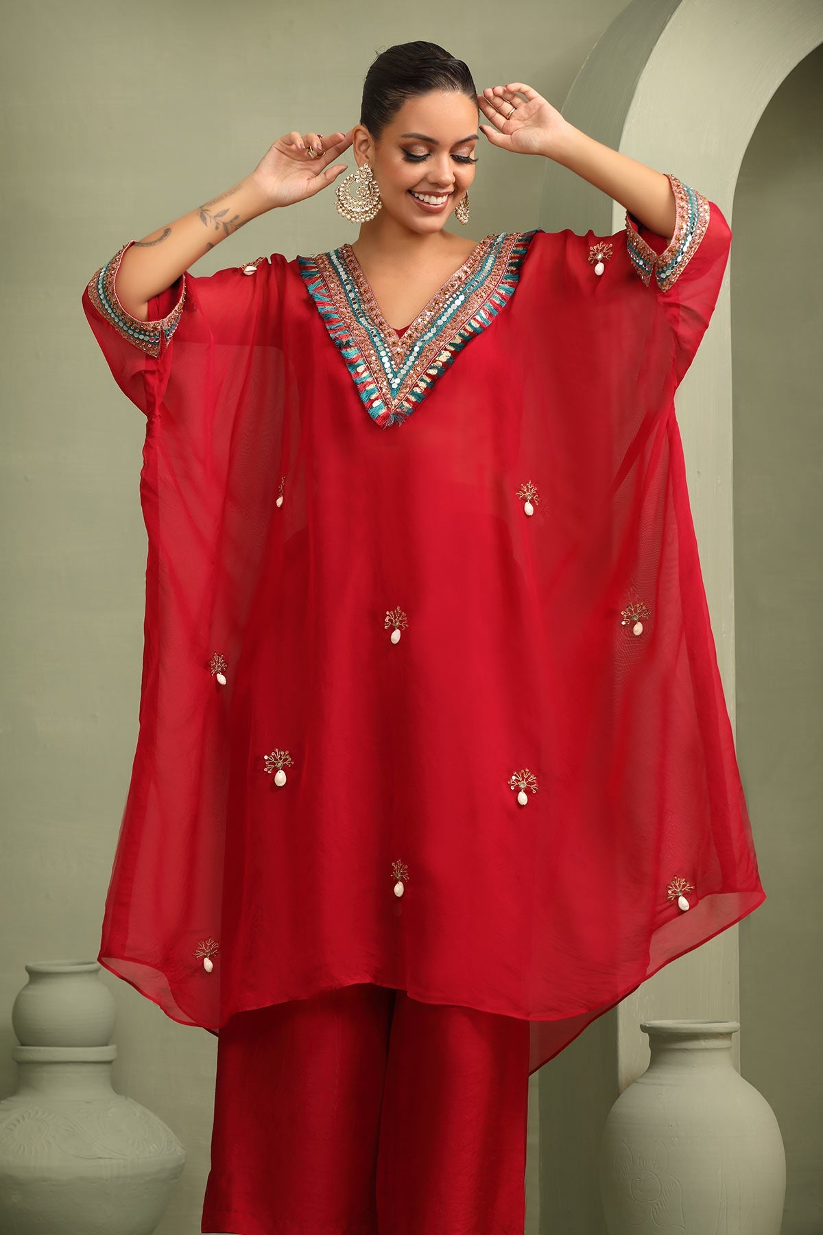 Red festive oversized kaftan-crop top, trouser set