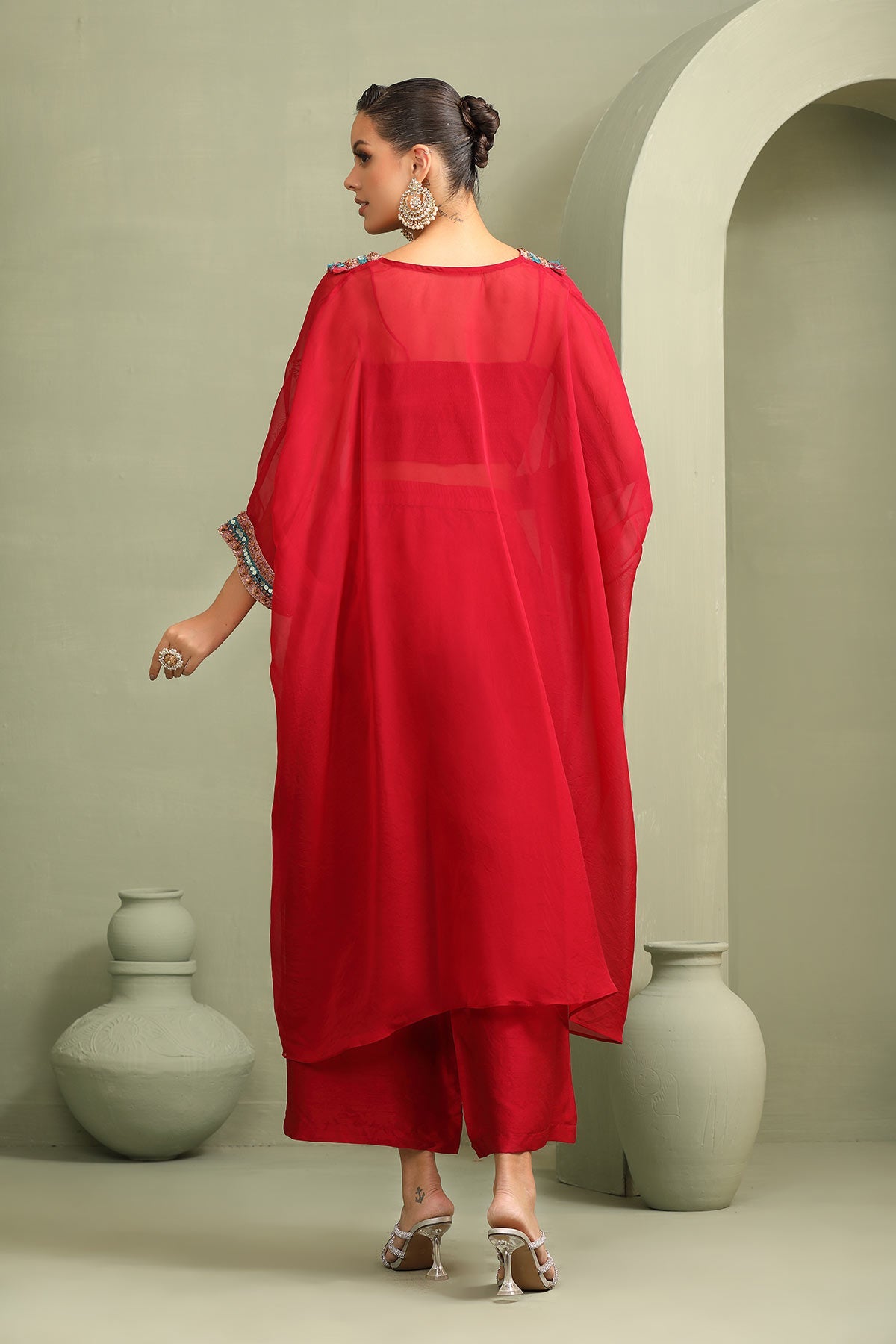 Red festive oversized kaftan-crop top, trouser set