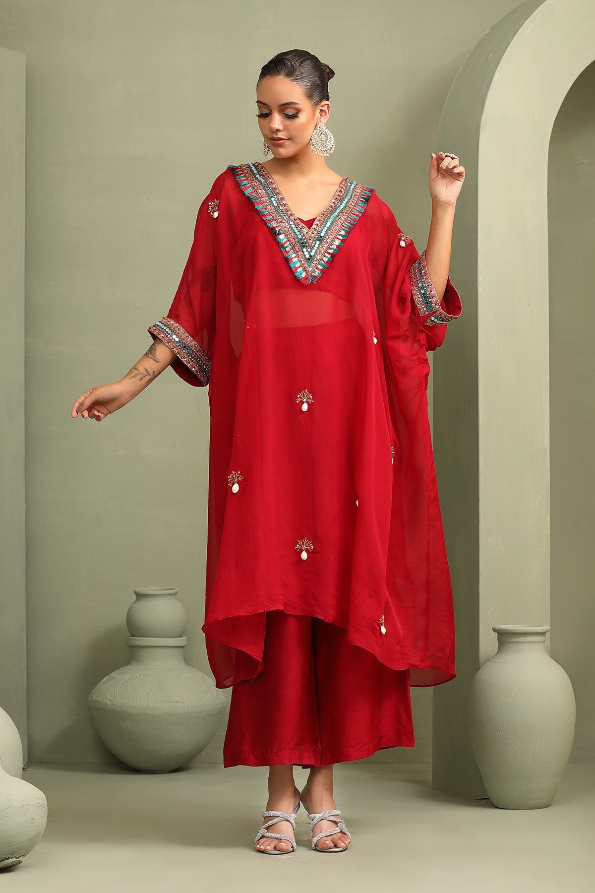 Red festive oversized kaftan-crop top, trouser set