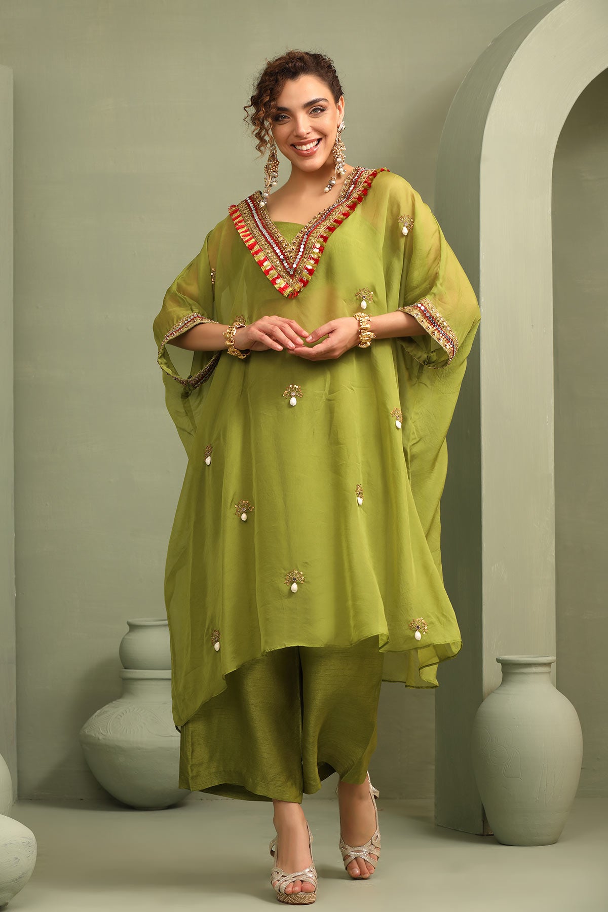 Parrot green festive oversized kaftan-crop top, trouser set