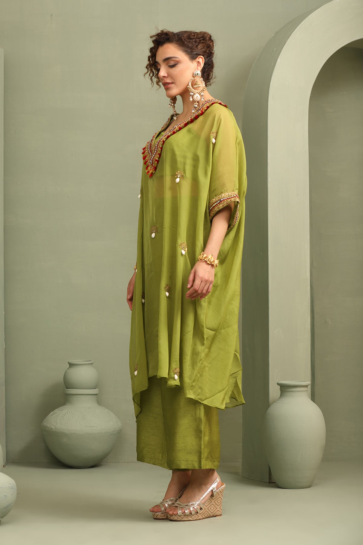 Parrot green festive oversized kaftan-crop top, trouser set