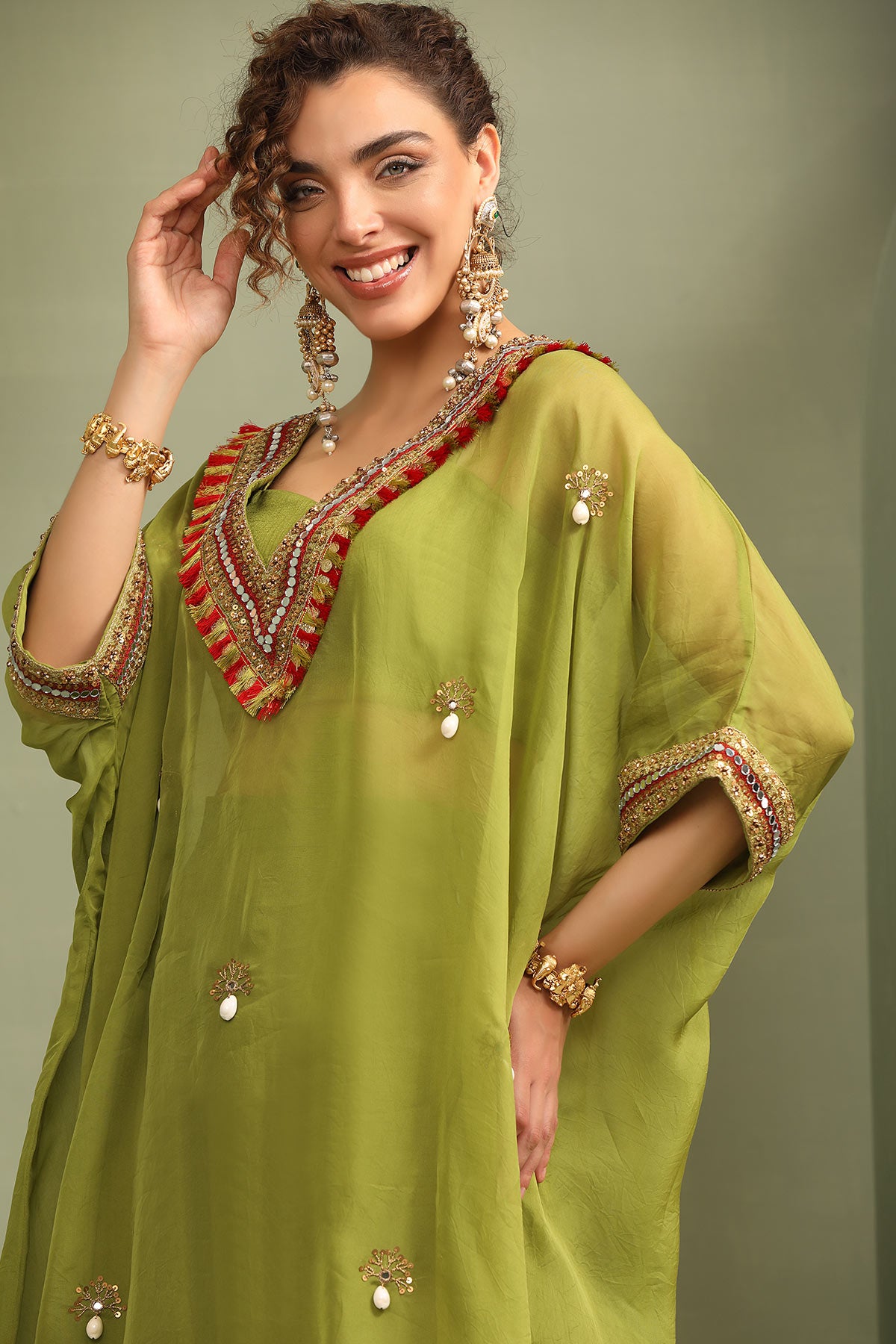 Parrot green festive oversized kaftan-crop top, trouser set
