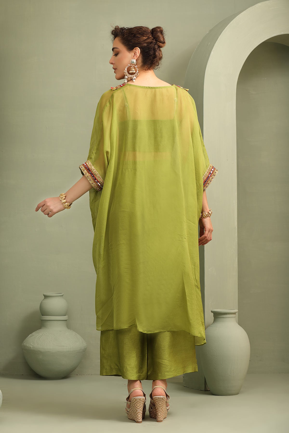 Parrot green festive oversized kaftan-crop top, trouser set
