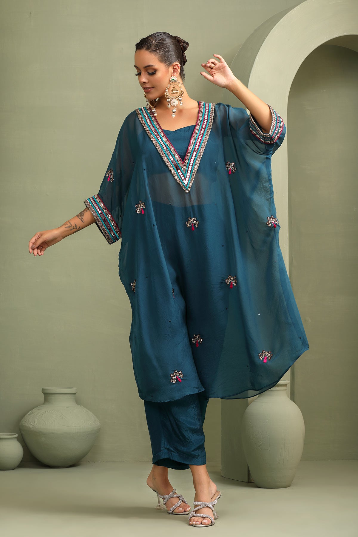 Teal blue festive oversized kaftan-crop top, trouser set