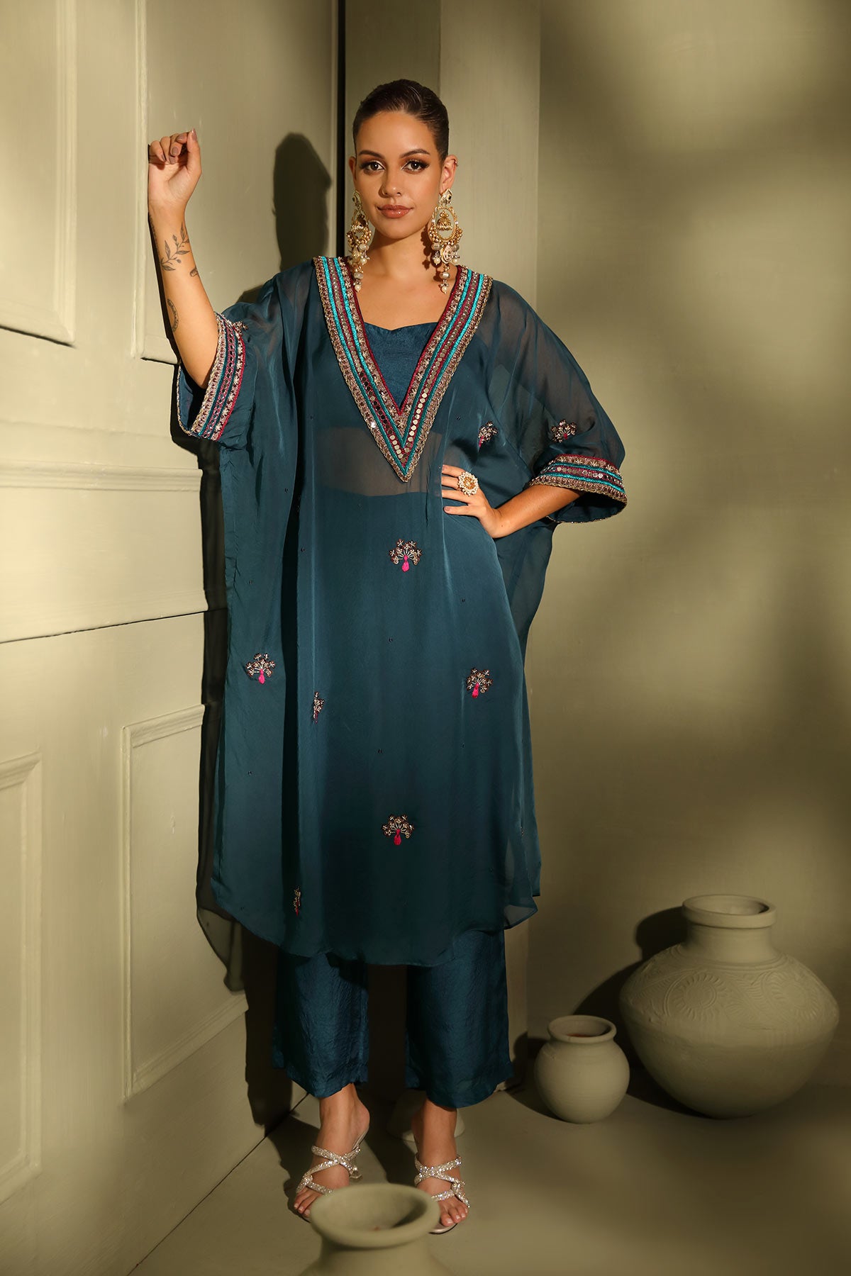 Teal blue festive oversized kaftan-crop top, trouser set