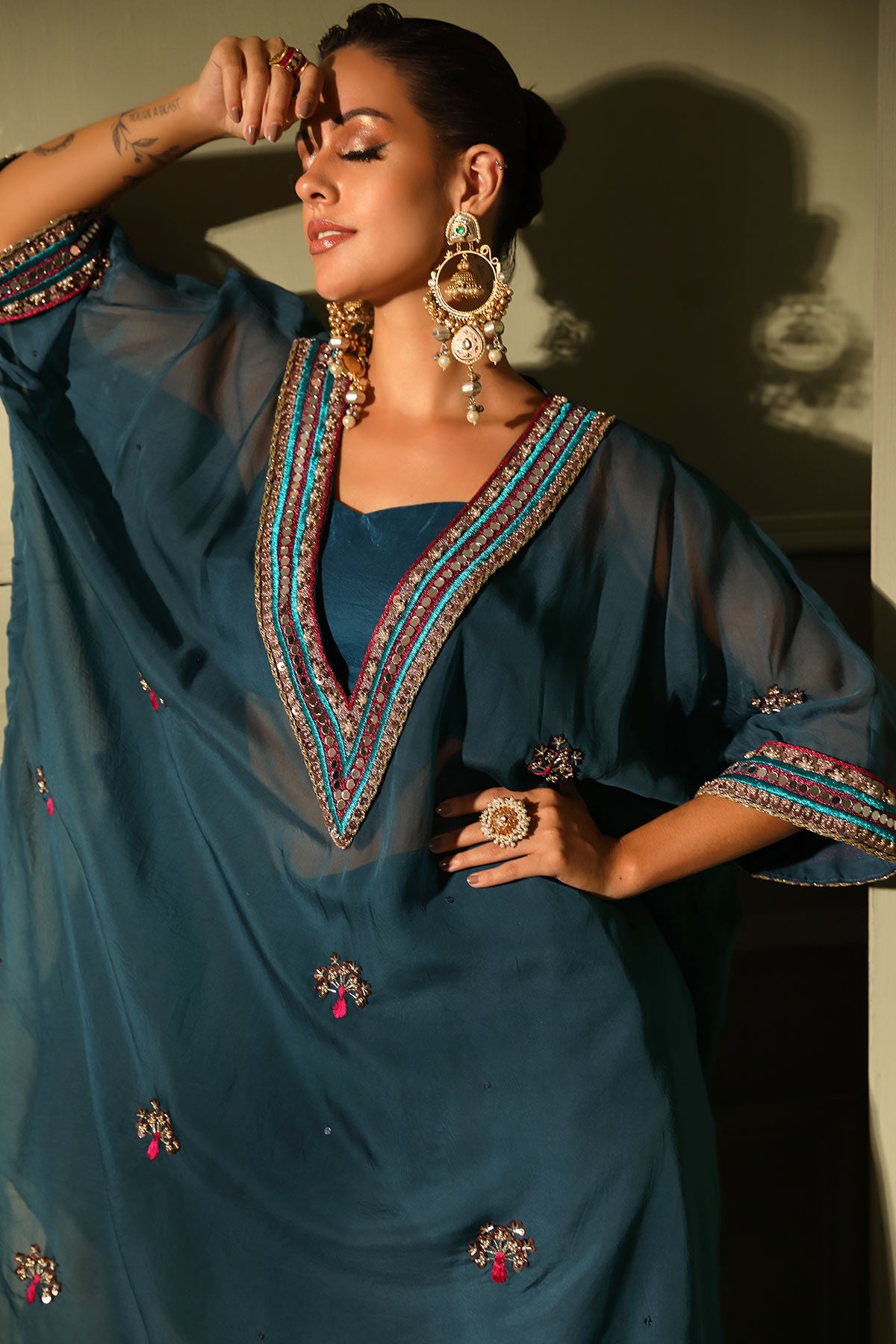 Teal blue festive oversized kaftan-crop top, trouser set