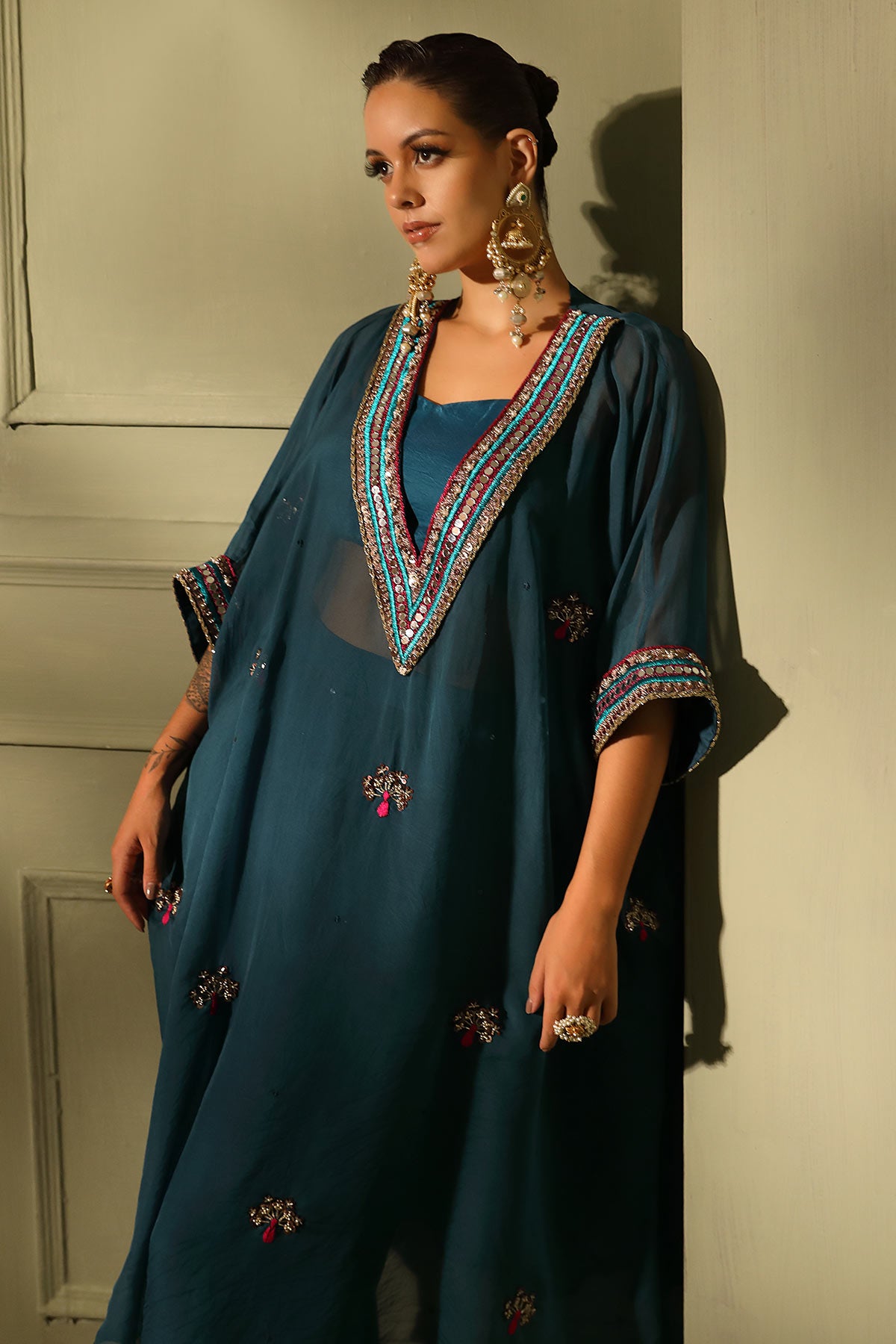 Teal blue festive oversized kaftan-crop top, trouser set