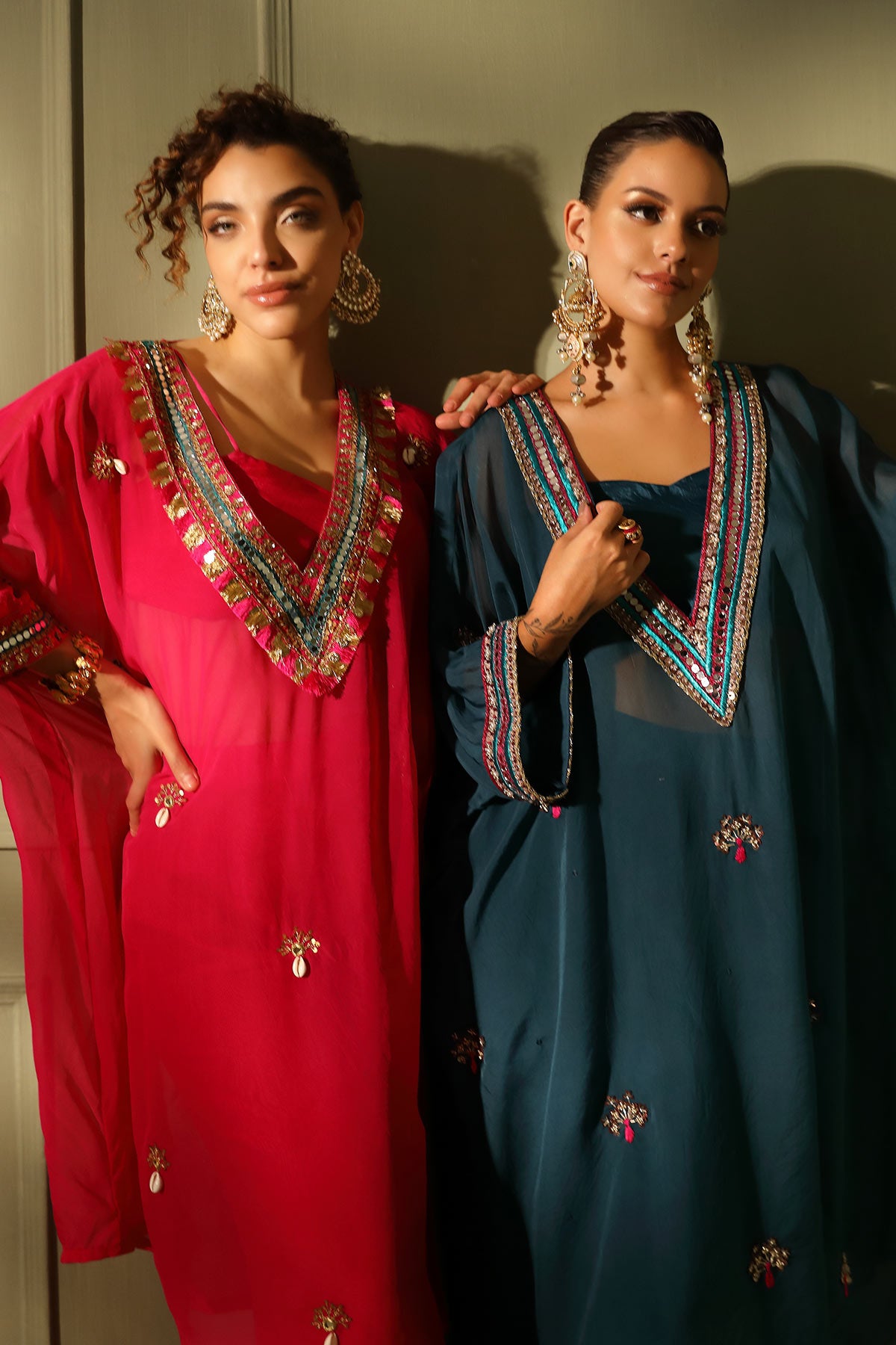 Pink festive oversized kaftan-crop top, trouser set