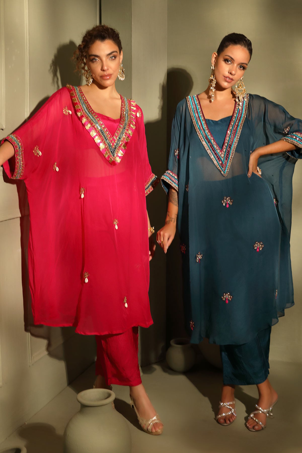 Pink festive oversized kaftan-crop top, trouser set