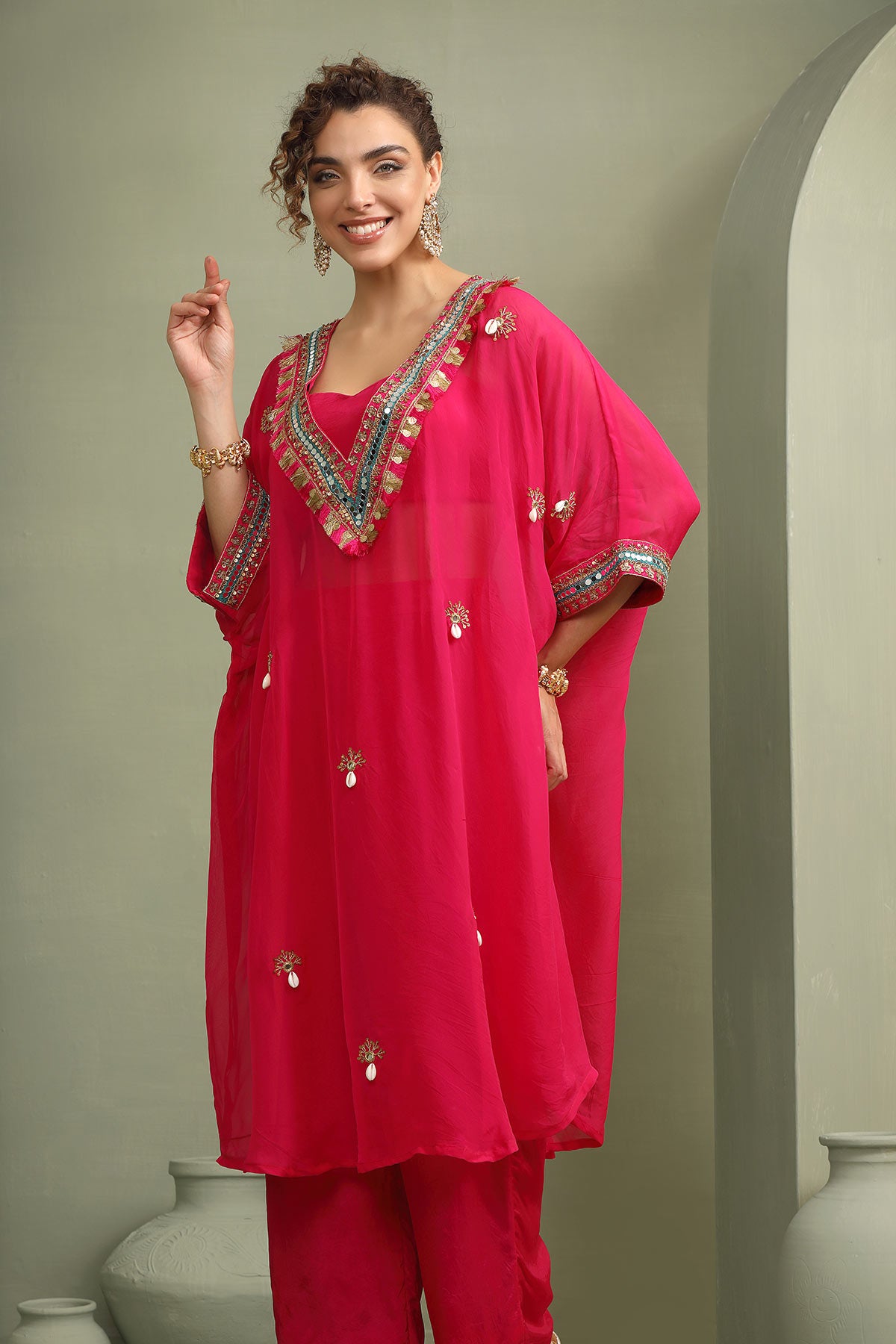 Pink festive oversized kaftan-crop top, trouser set