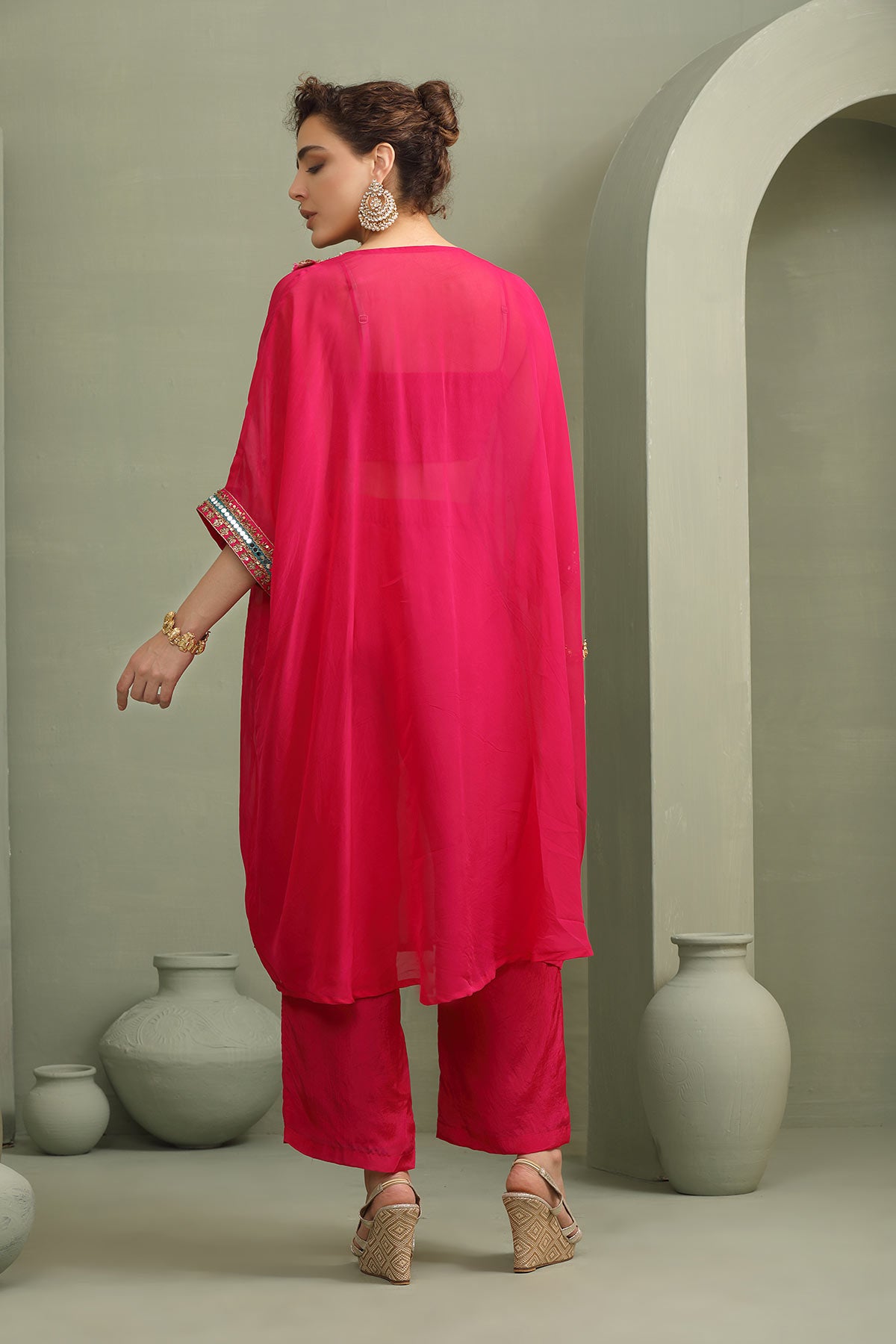Pink festive oversized kaftan-crop top, trouser set