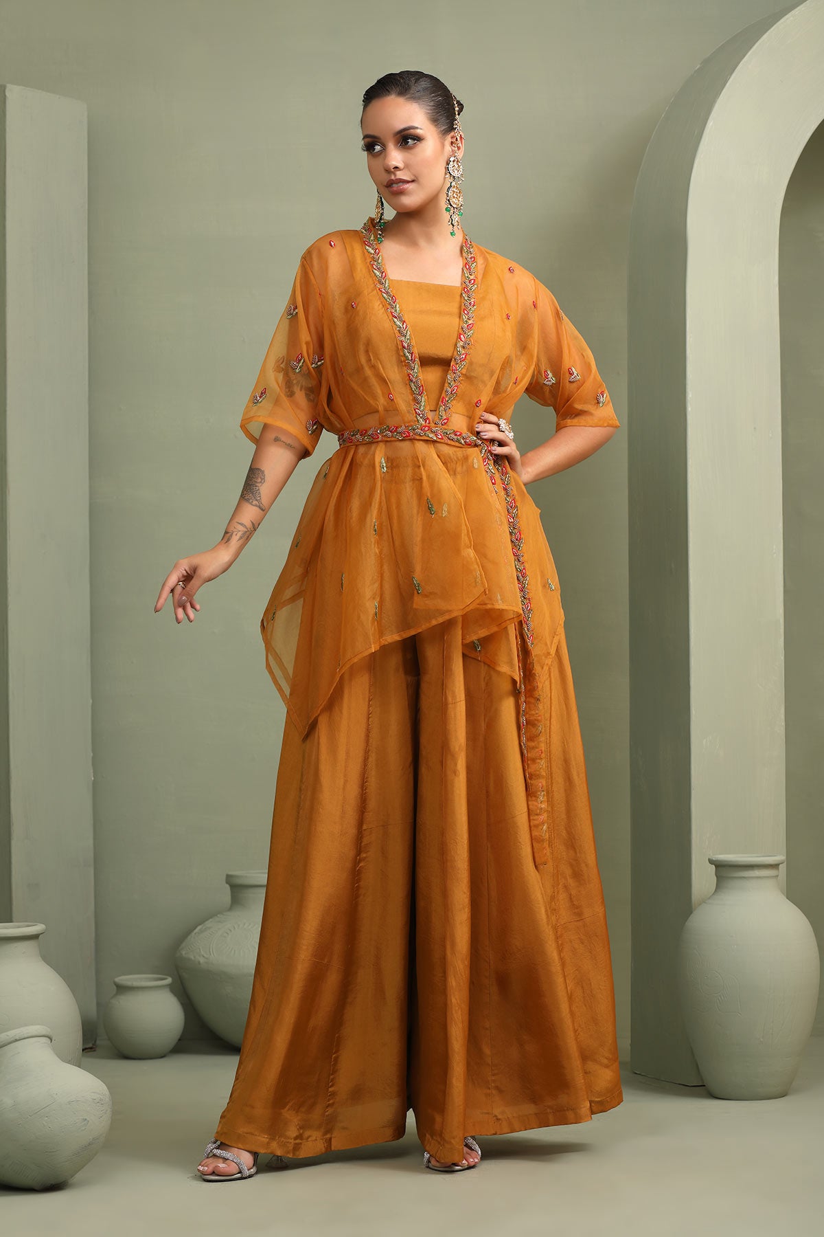Mustard asymmetric embellished jacket-skirt - crop set with an embellished belt