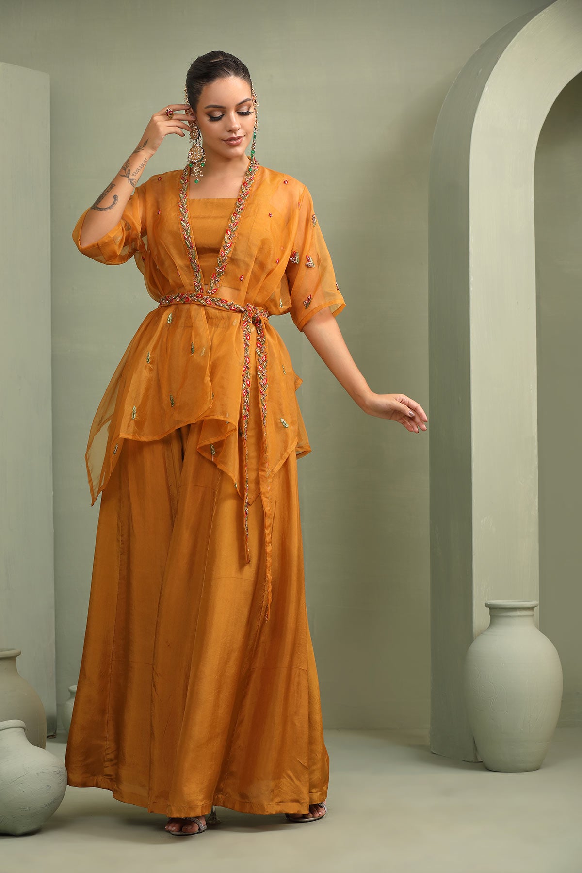 Mustard asymmetric embellished jacket-skirt - crop set with an embellished belt