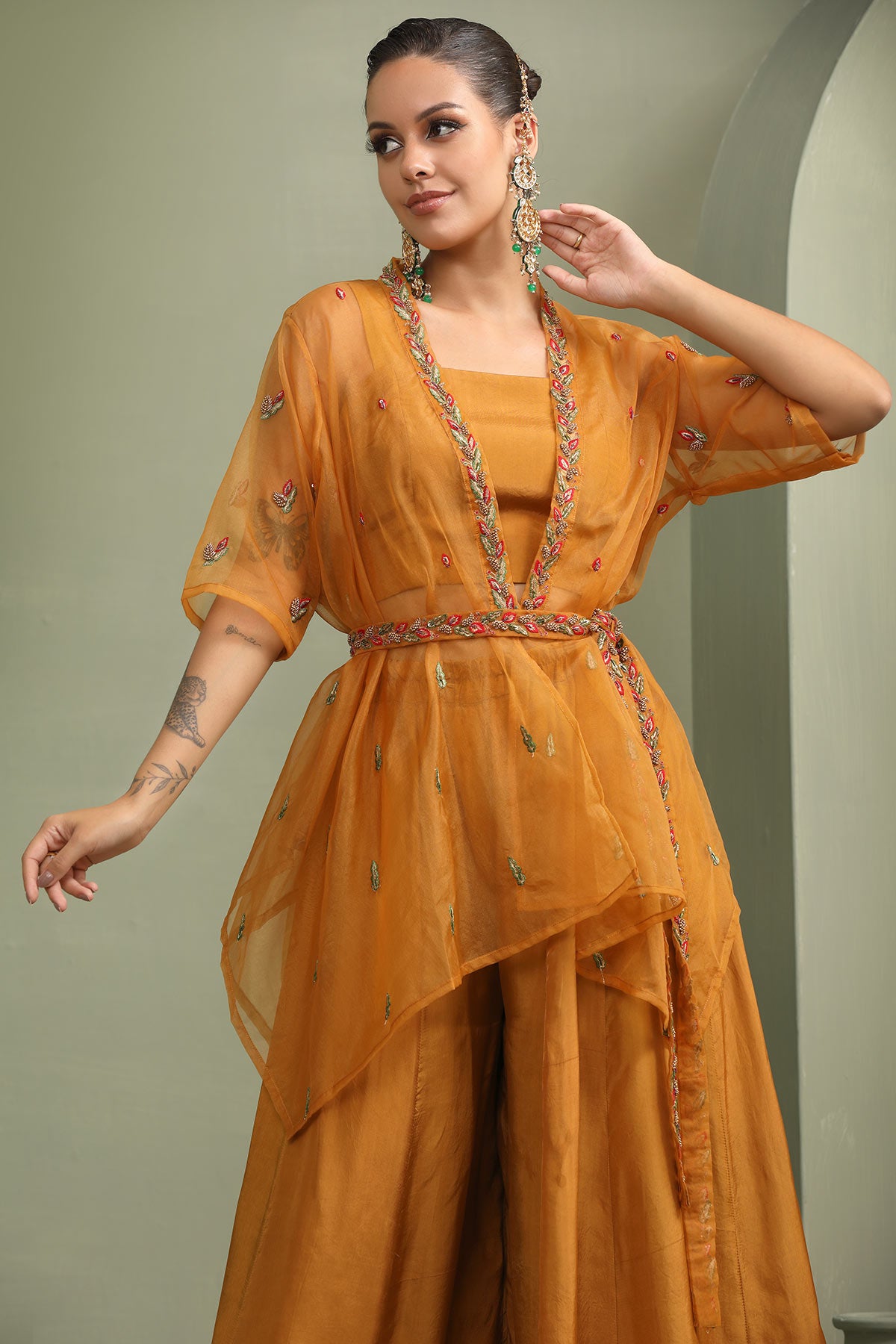 Mustard asymmetric embellished jacket-skirt - crop set with an embellished belt
