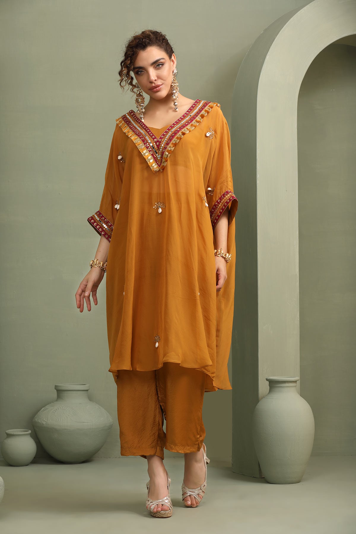 Mustard festive oversized kaftan-crop top, trouser set