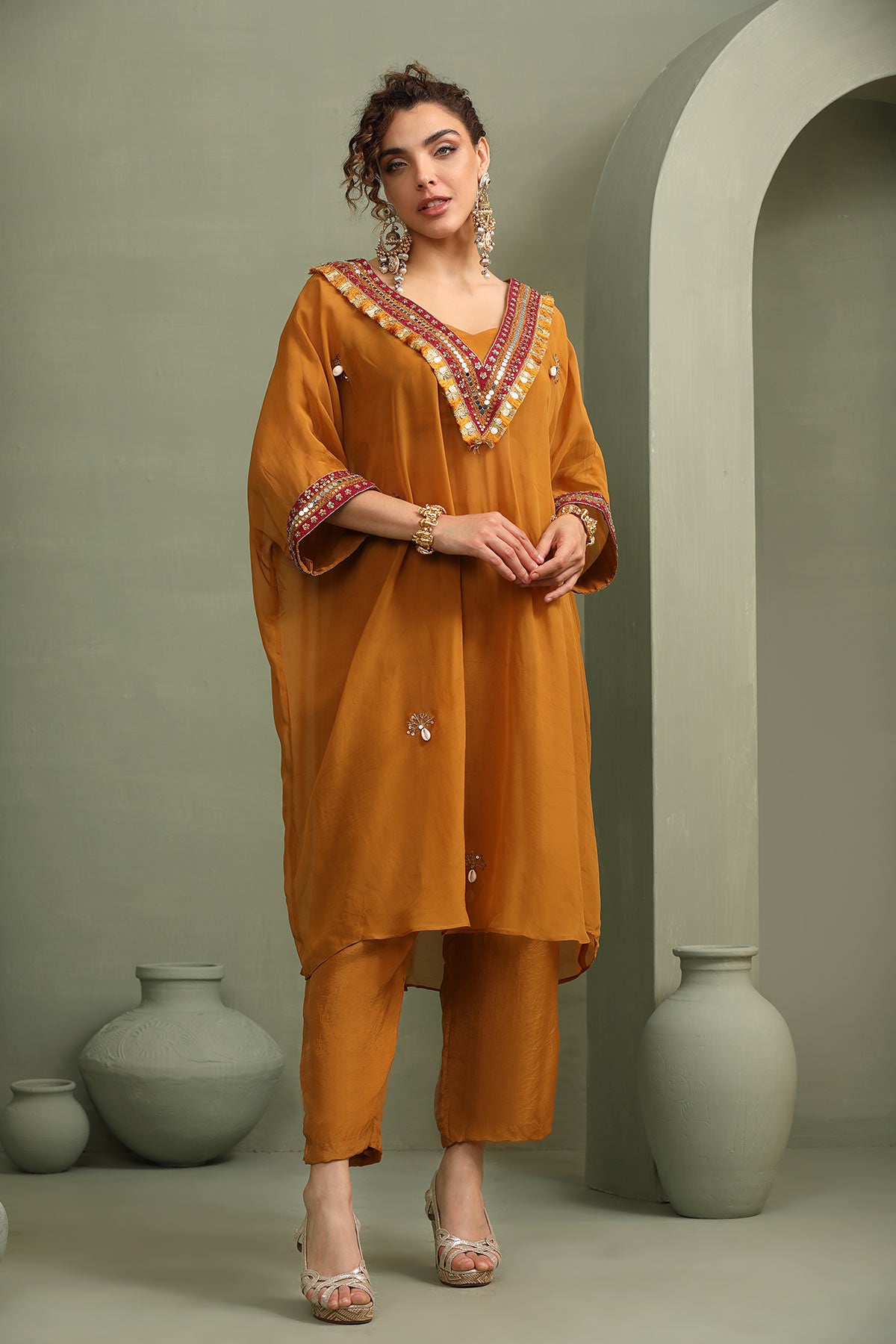 Mustard festive oversized kaftan-crop top, trouser set