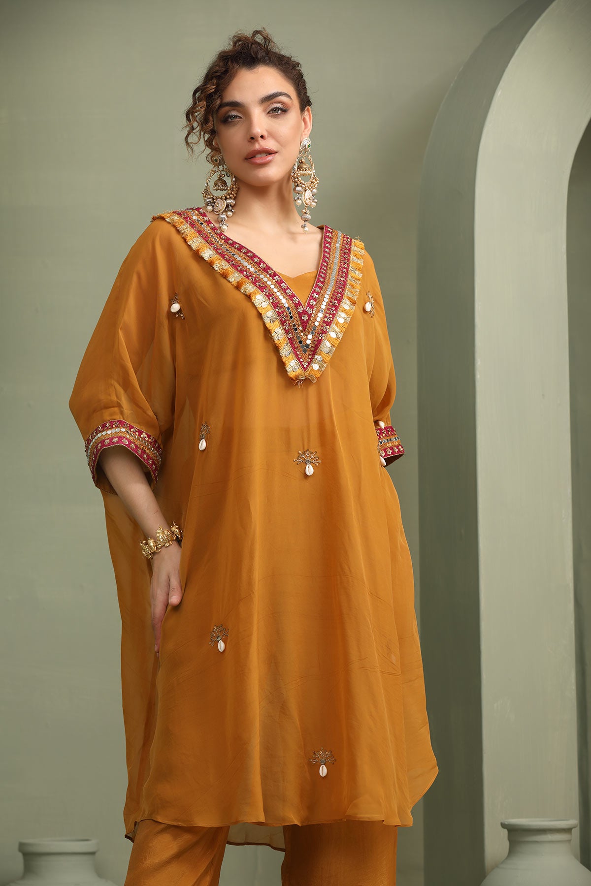 Mustard festive oversized kaftan-crop top, trouser set