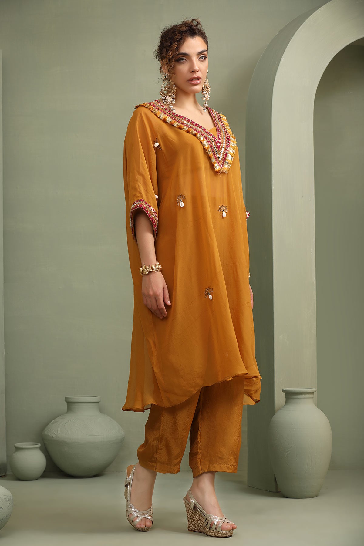 Mustard festive oversized kaftan-crop top, trouser set