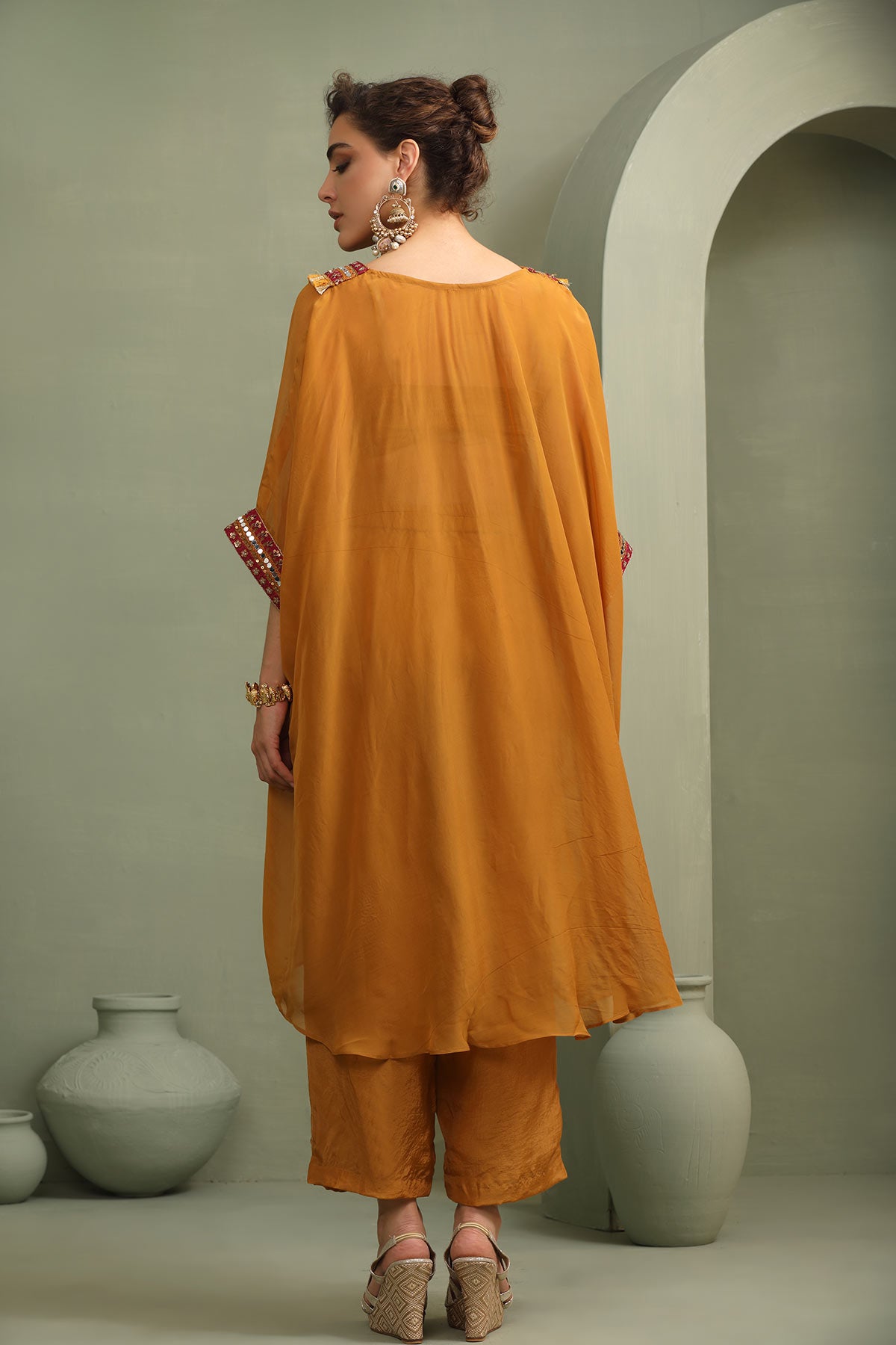 Mustard festive oversized kaftan-crop top, trouser set