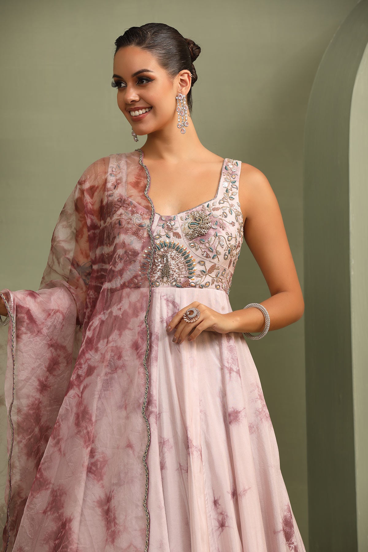 Lavender tie-dye hand-embroidered anarkali gown with dupatta