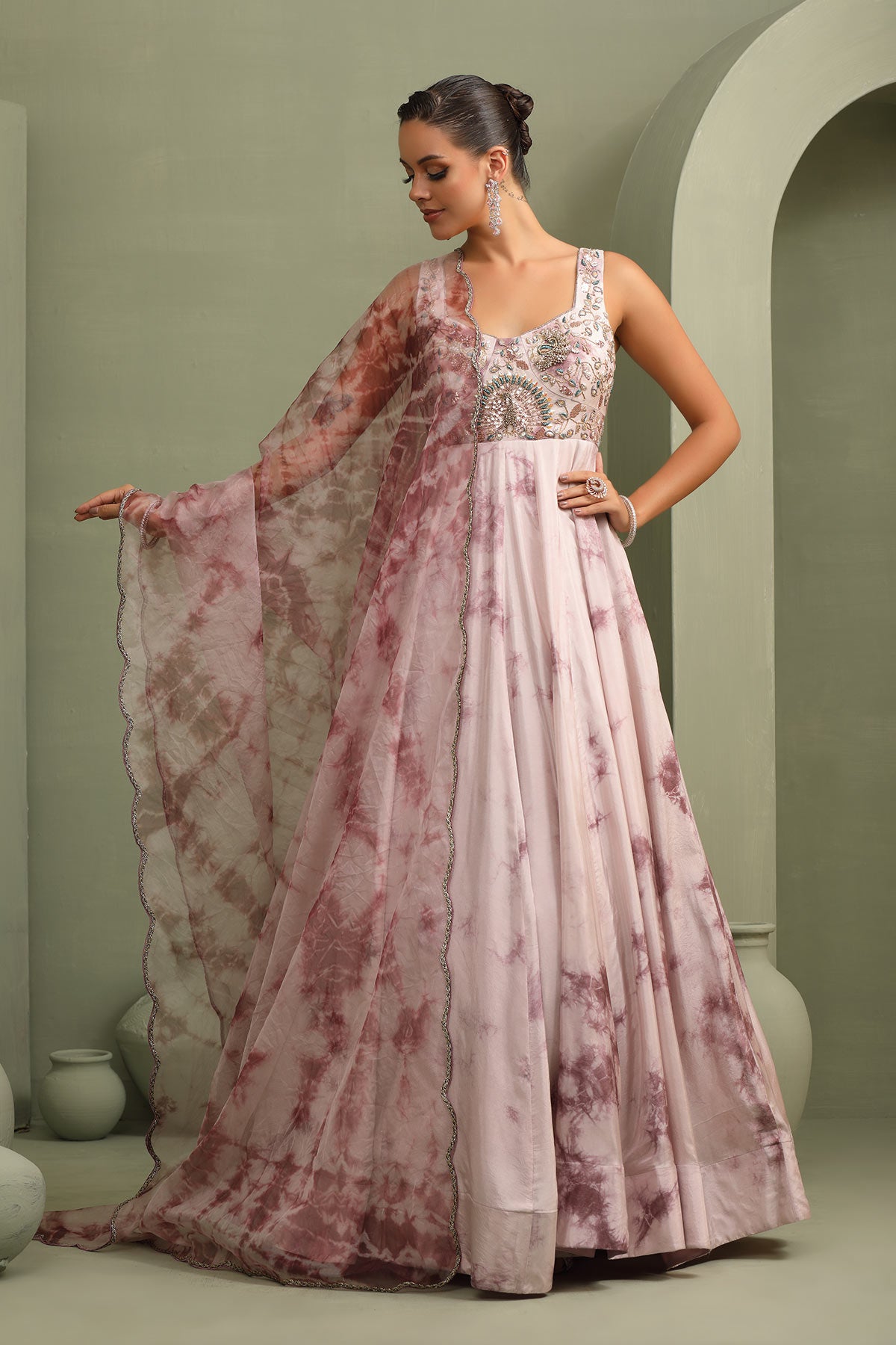 Lavender tie-dye hand-embroidered anarkali gown with dupatta
