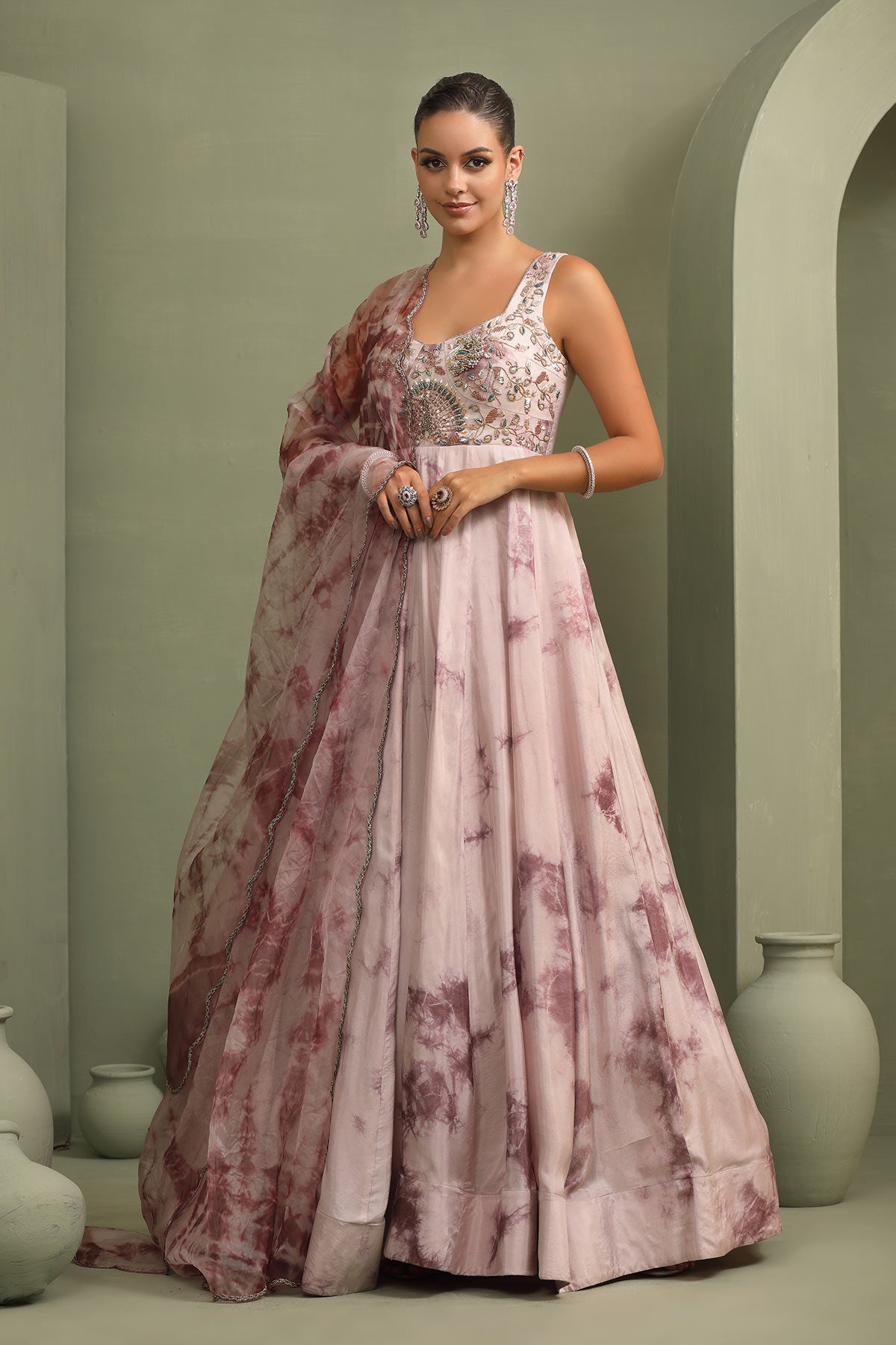 Lavender tie-dye hand-embroidered anarkali gown with dupatta