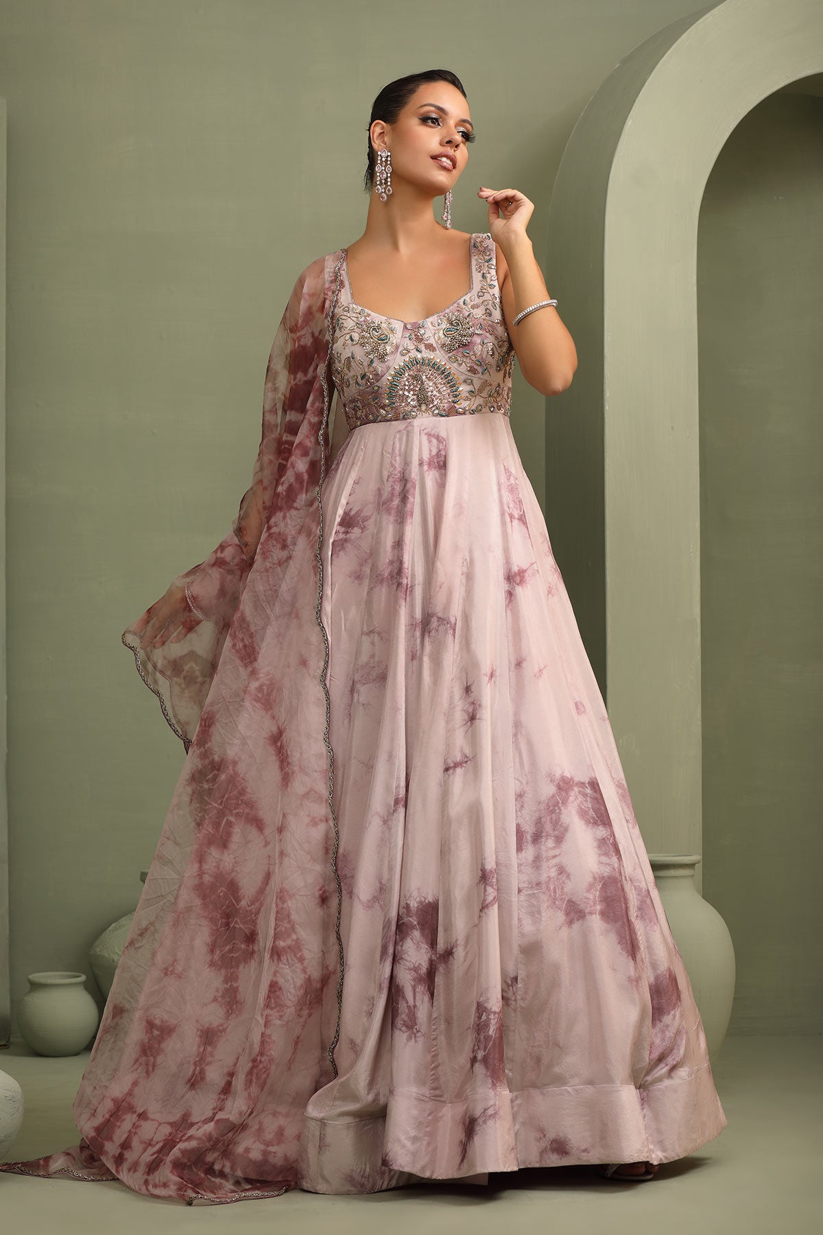 Lavender tie-dye hand-embroidered anarkali gown with dupatta