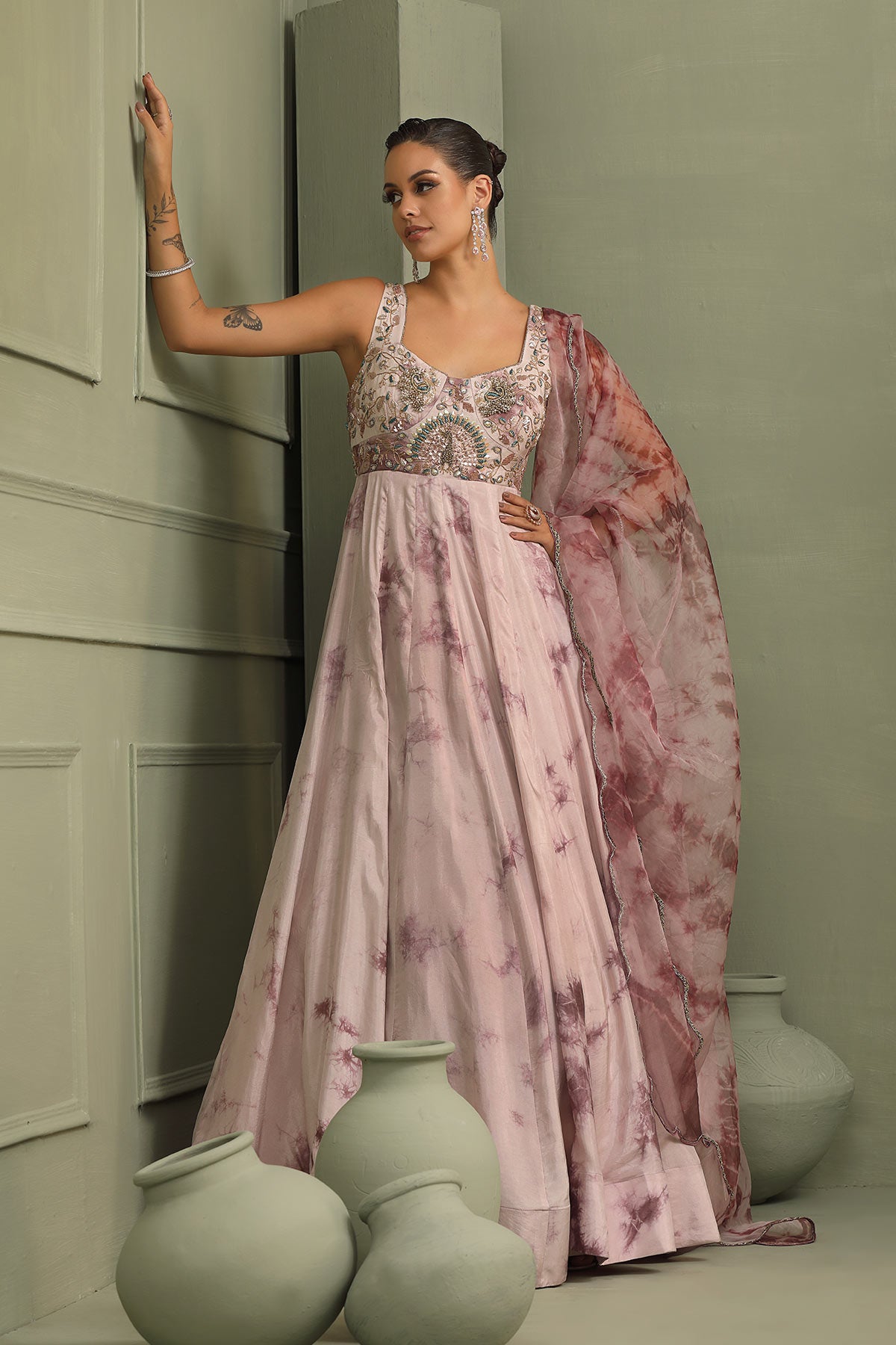 Lavender tie-dye hand-embroidered anarkali gown with dupatta
